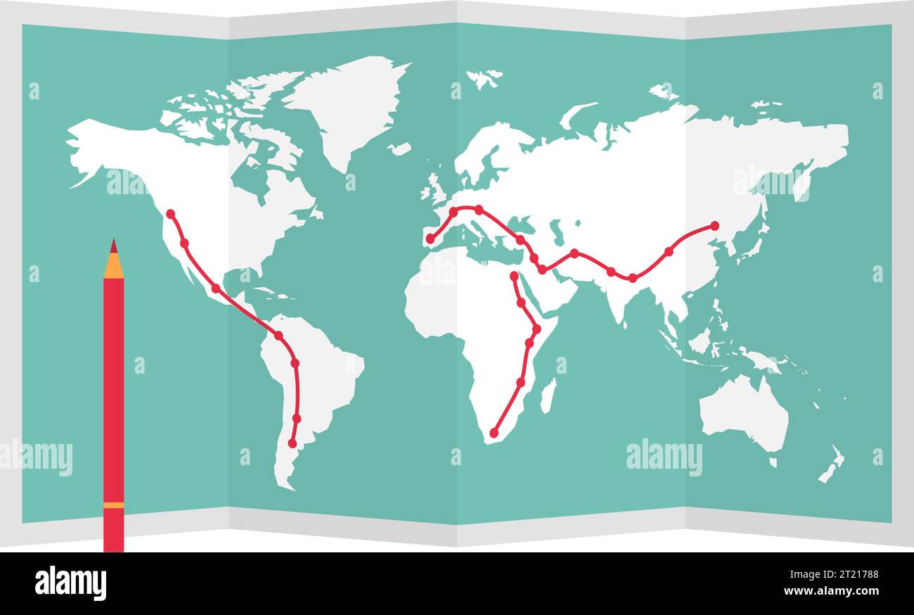 Mappa del mondo e itinerario di viaggio disegnati con una matita rossa, concetto di turismo e viaggi Illustrazione Vettoriale