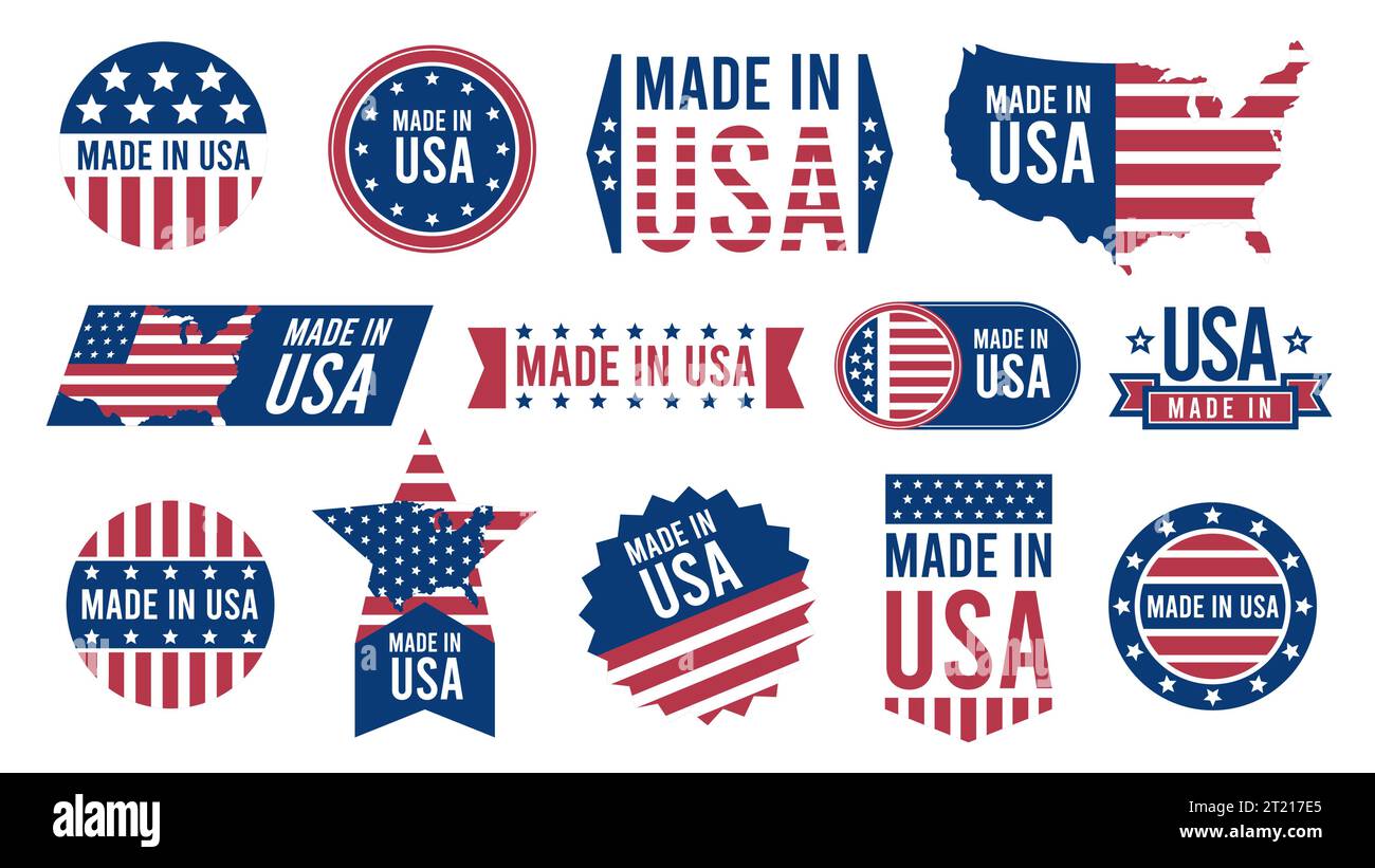 Etichette Made in USA. Adesivi retrò-patriottici con strisce di bandiera nazionale americana, emblema della mappa nazionale americana, qualità dei prodotti domestici Illustrazione Vettoriale