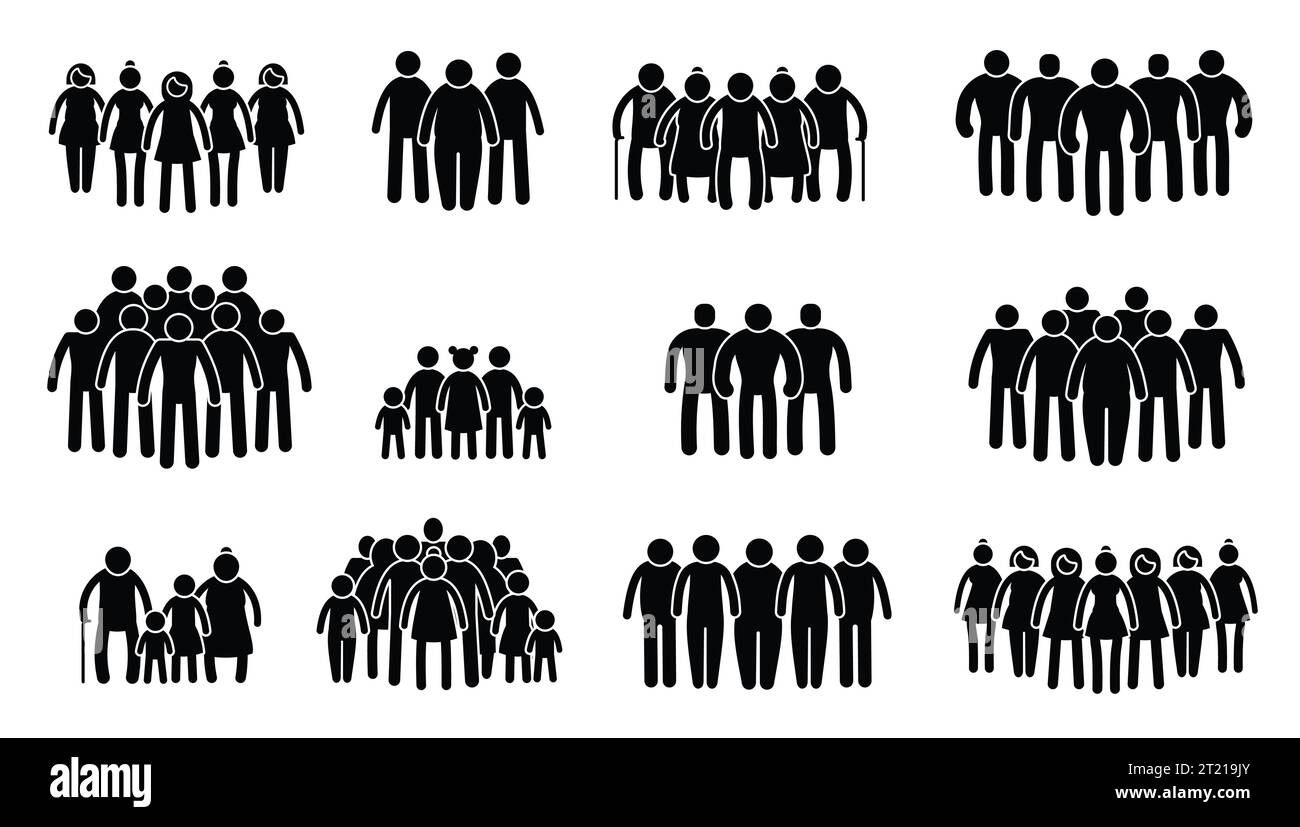 Affollare la gente. Gruppo di persone con silhouette a bastone nero, mafia umana con coda e concetto di diversità. Insieme isolato dal vettore Illustrazione Vettoriale