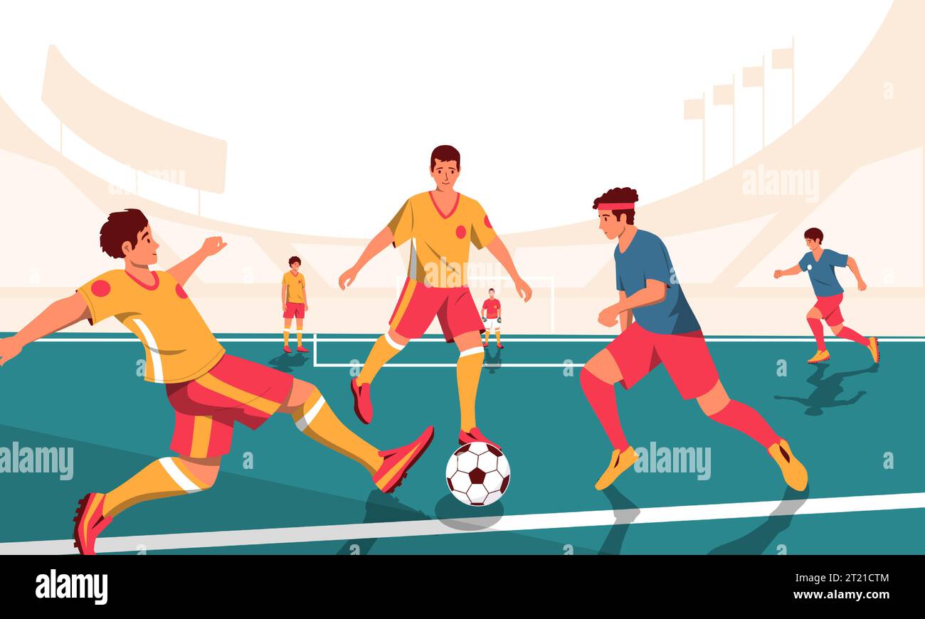 Scena delle partite di calcio. Giocatori dei cartoni animati in competizione, lotta di gruppo dinamica vista panoramica dei giocatori in gioco. Illustrazione panoramica vettoriale Illustrazione Vettoriale