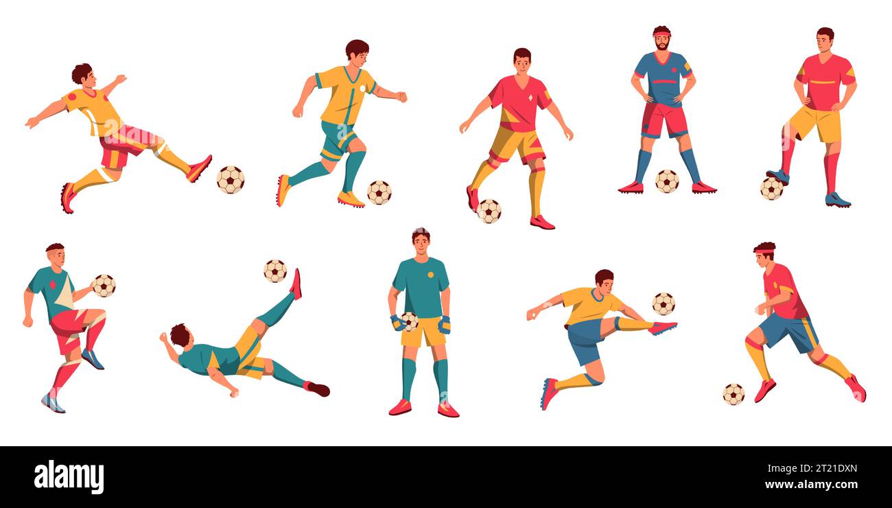 Giocatori di calcio diversi. Cartoni animati diversi personaggi maschili che giocano a calcio, atleti maschili in abiti sportivi colorati. Raccolta vettoriale Illustrazione Vettoriale