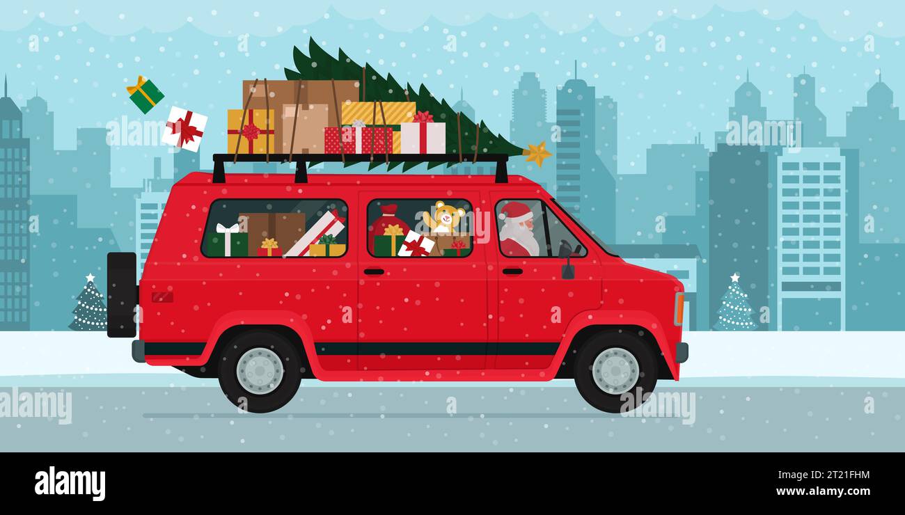 Babbo Natale guida un furgone per le strade della città e porta regali di Natale Illustrazione Vettoriale