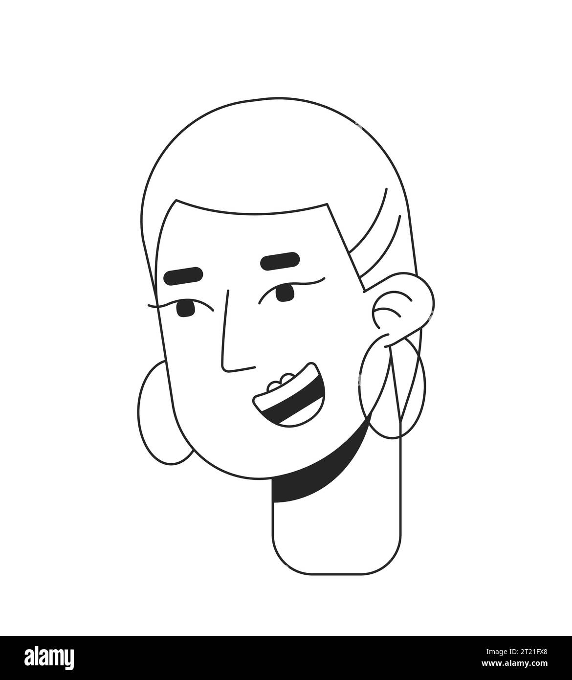 Donna audace che indossa orecchini a cerchio testa personaggio cartoni animati in 2D nero e bianco Illustrazione Vettoriale