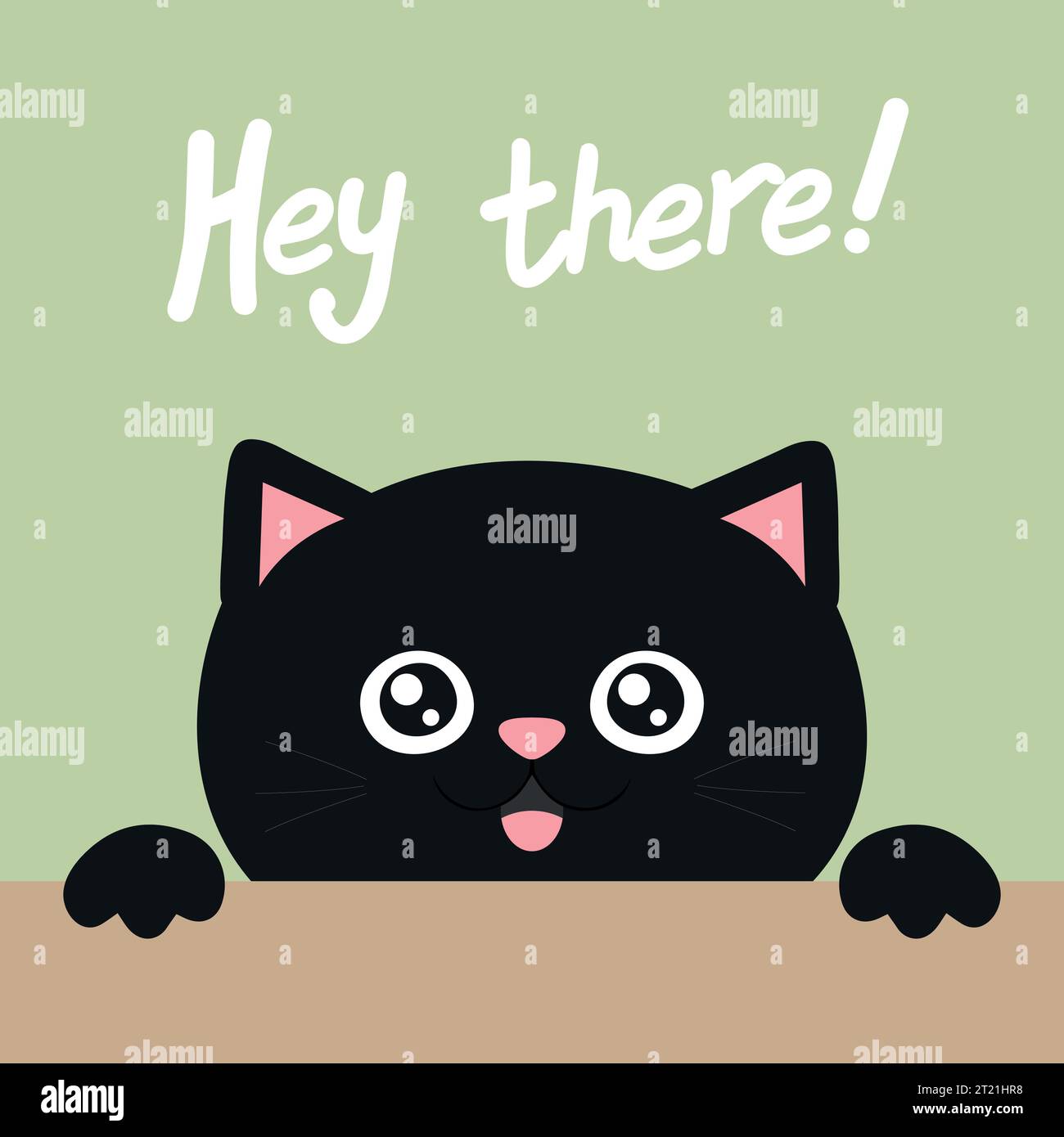 Un gatto nero sorridente e carino che dice "Hey there". Calligrafia. Illustrazione vettoriale Illustrazione Vettoriale