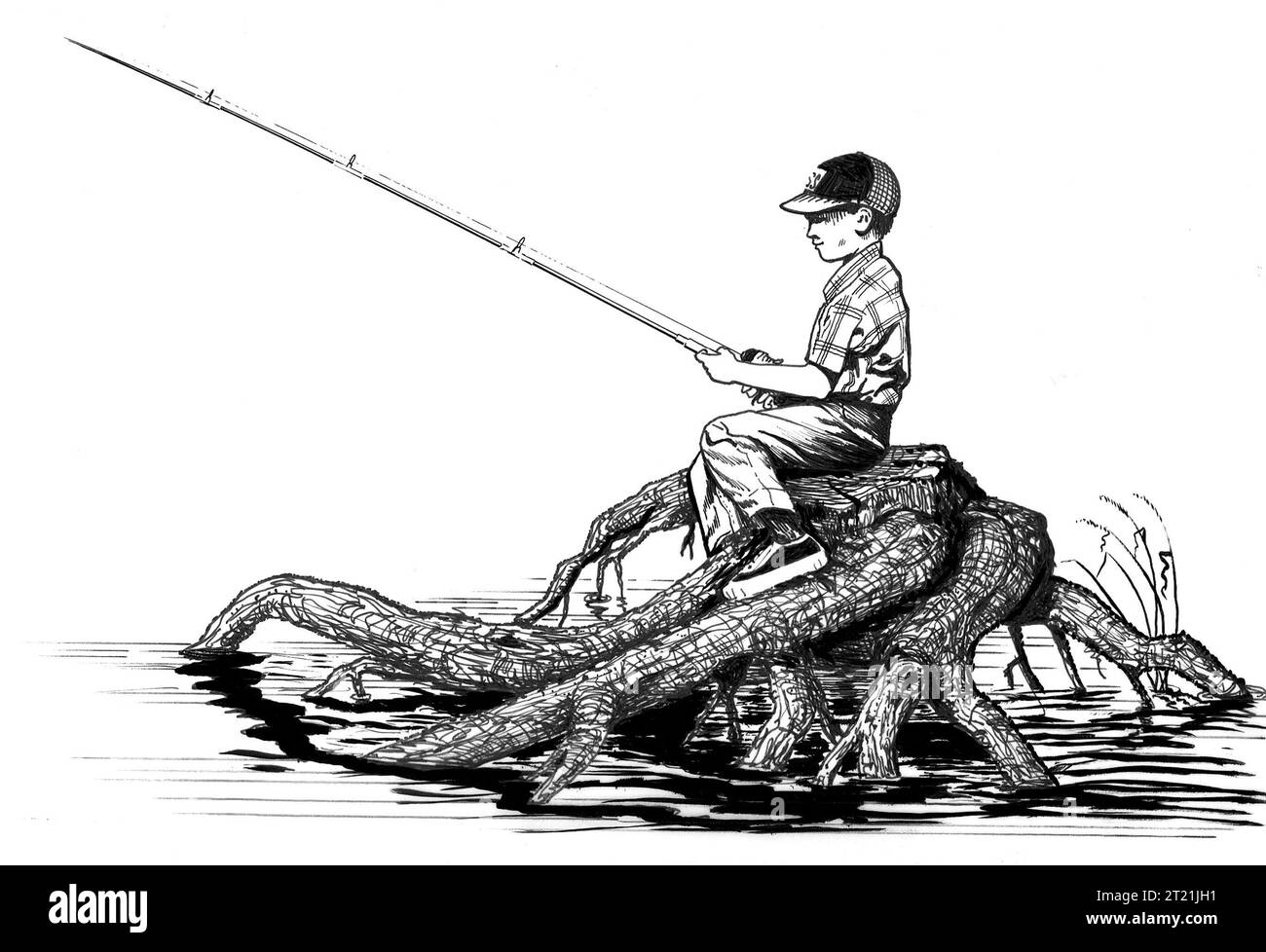 Illustrazione grafica in linea che mostra un ragazzo seduto su un fiume mentre pesca, sottolineando una semplice scena ricreativa all'aperto. Foto Stock