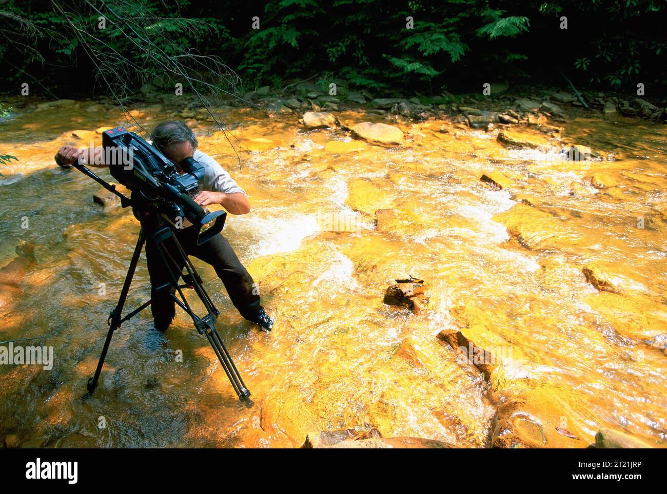 Videografo che registra gli effetti del deflusso di mine acide nel torrente Preston County, West Virginia. Argomenti: Scienze ambientali; fuoriuscite di sostanze chimiche; contaminanti; qualità ambientale; impatti umani; industrie; industria mineraria; attività minerarie; inquinanti; inquinamento, acqua; fiumi e ruscelli; inquinamento idrico. Località: West Virginia. Raccolta: Scienze ambientali. Foto Stock