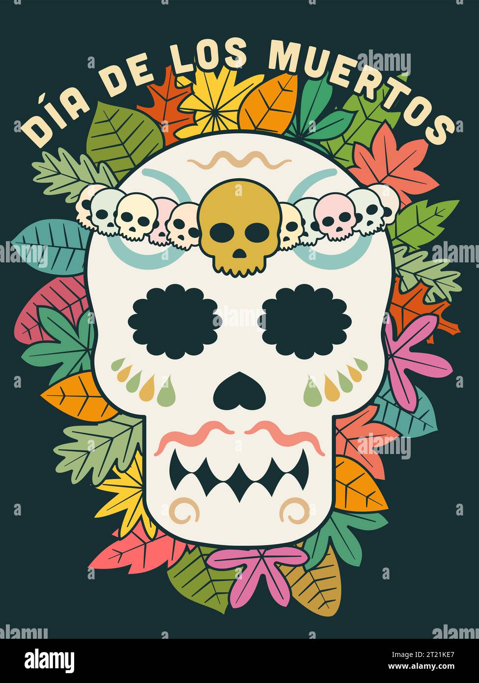 Dia de los Muertos. Il giorno dei morti messicano. Cranio con fiori e foglie illustrazione vettoriale. Illustrazione Vettoriale