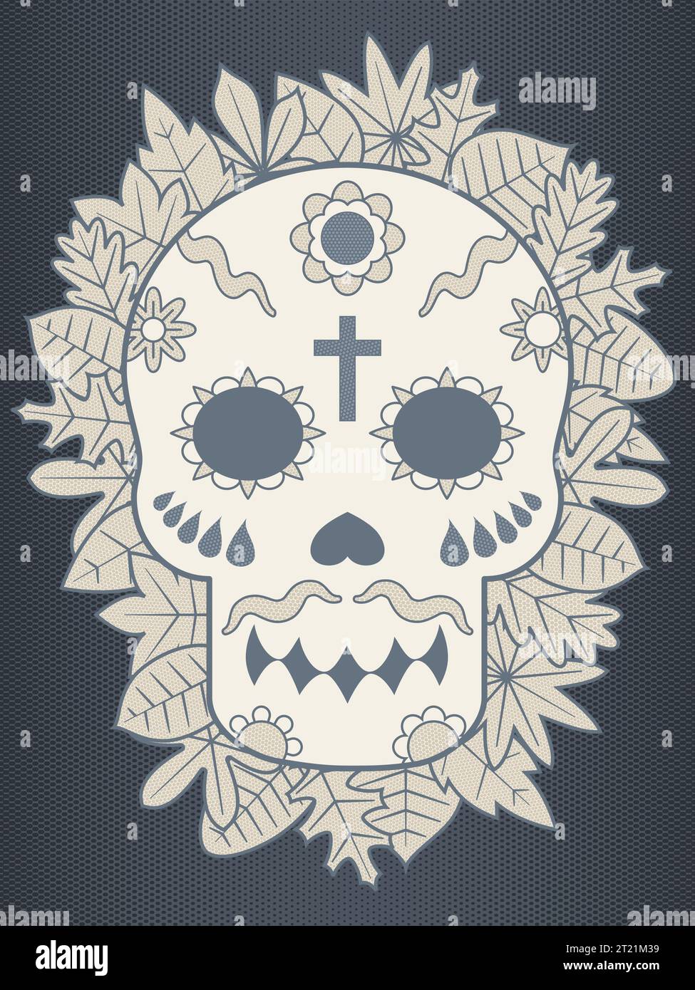 Dia de los Muertos. Il giorno dei morti messicano. Cranio con fiori e foglie illustrazione vettoriale. Illustrazione Vettoriale