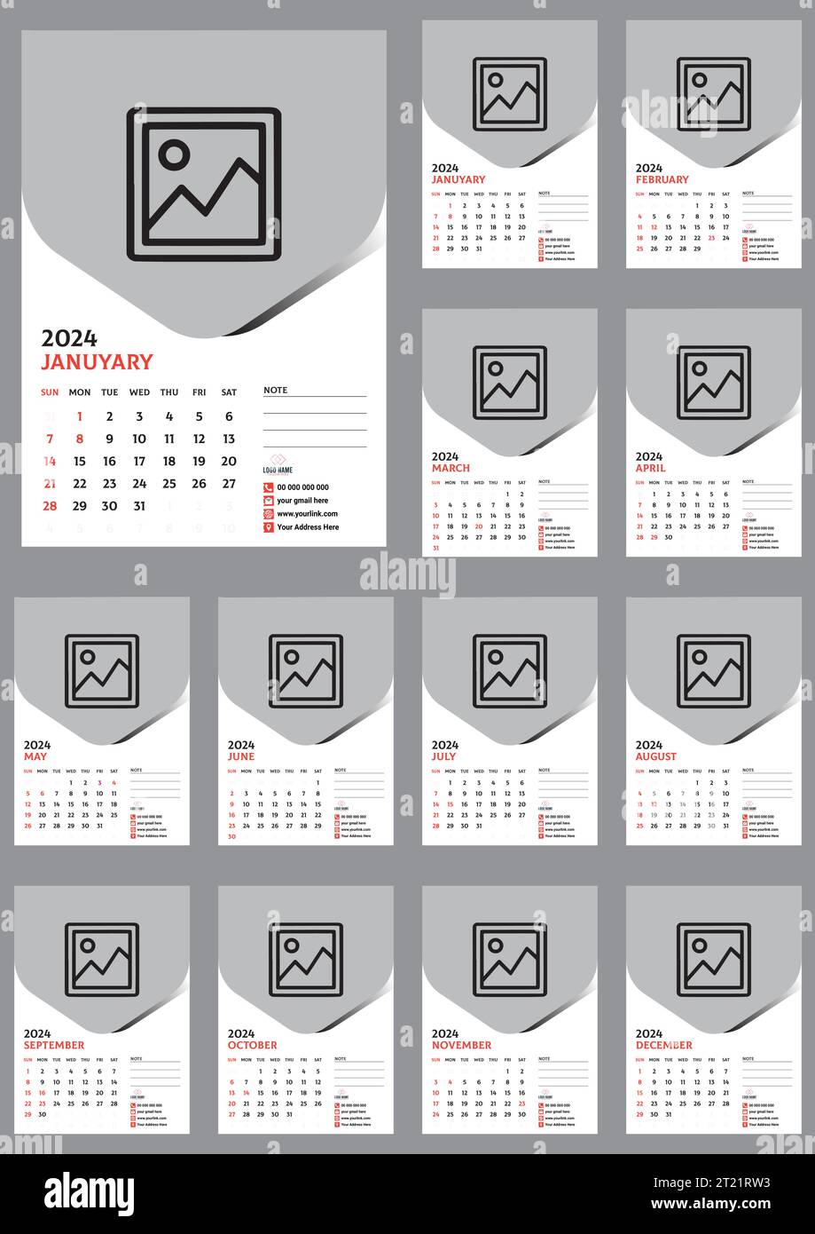 Calendario bacheca di 12 mesi 2024 per il Giappone, con design vettoriale per le festività ufficiali Illustrazione Vettoriale