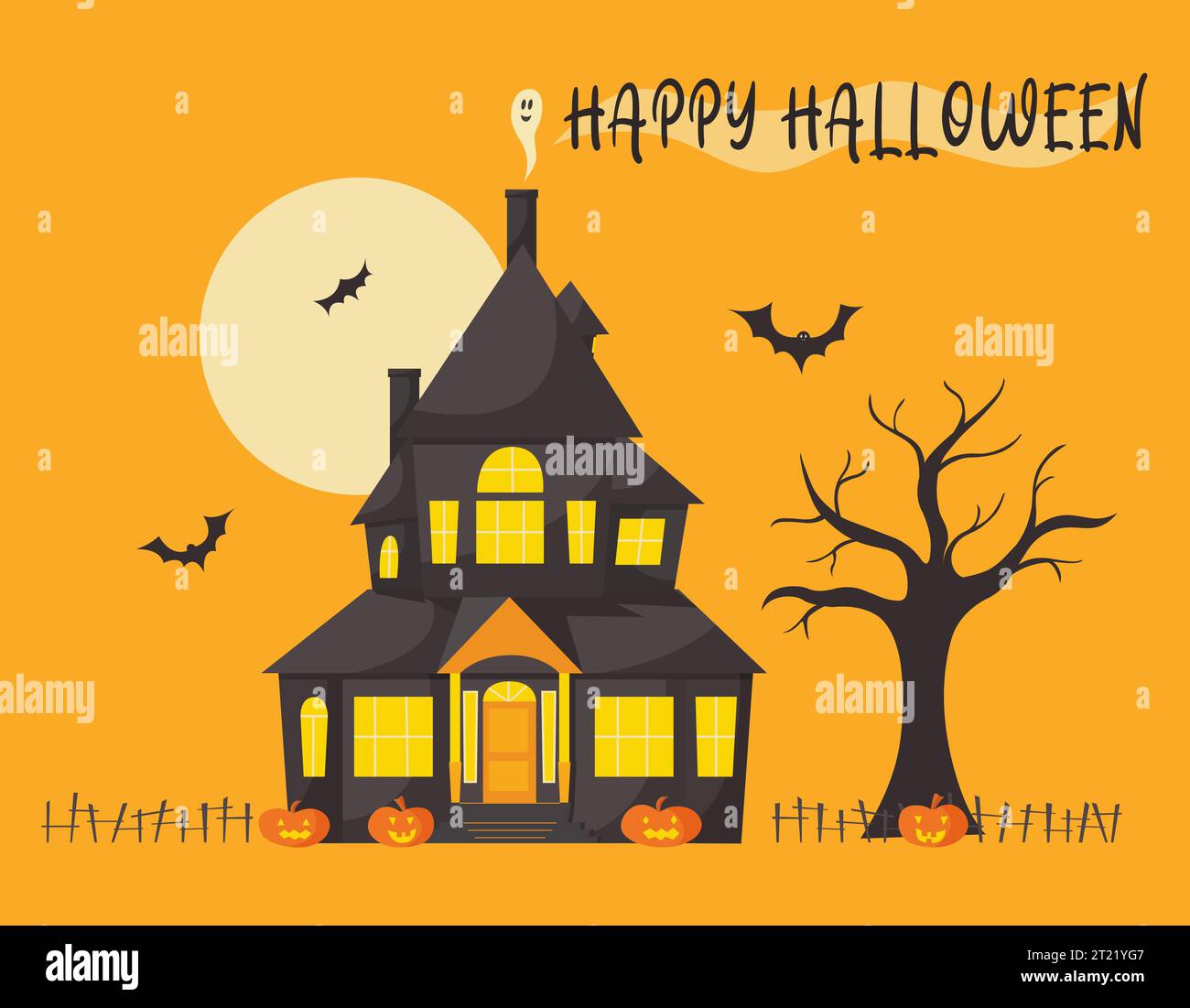 Casa di Halloween in stile cartone animato vettoriale piatto con zucche ad albero, fantasma e jack-o-lantern e simpatici personaggi. Notte di luna arancione Illustrazione Vettoriale