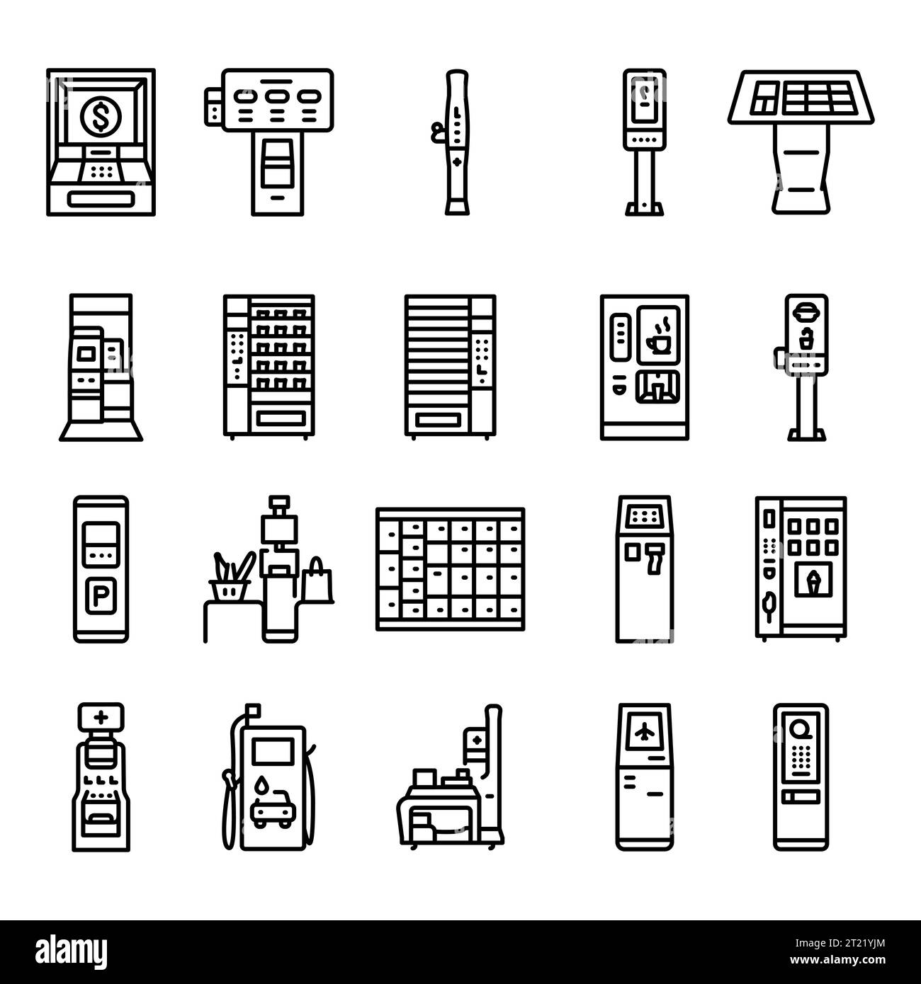 Macchine self-service con icone di linea nera. Pittogramma per pagina web, app mobile, promo. Illustrazione Vettoriale