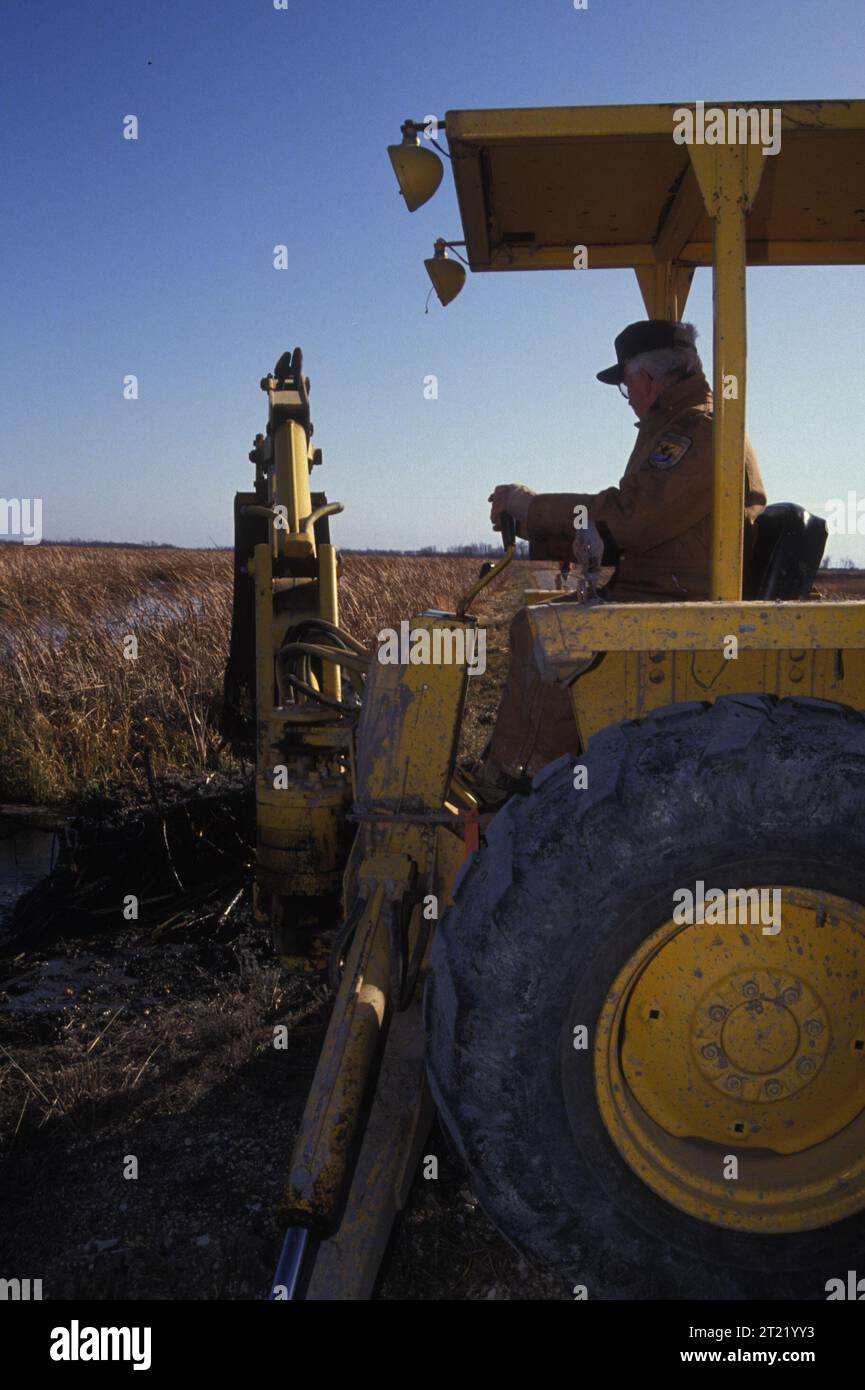 Un dipendente del servizio ittico e naturalistico degli Stati Uniti gestisce un trattore per gestire l'habitat delle zone umide presso l'Agassiz National Wildlife Refuge in Minnesota, supportando il controllo del livello dell'acqua e il ripristino dell'habitat. Foto Stock