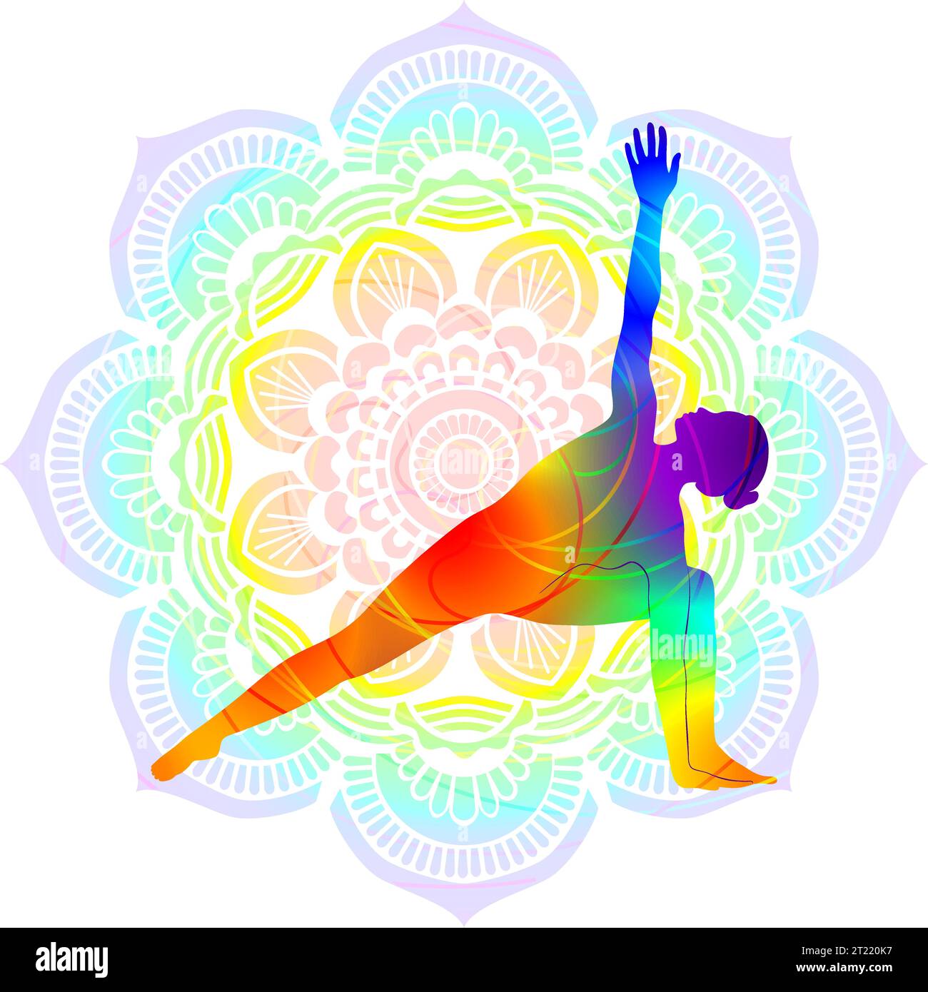 Silhouette colorata di Parshvakonasana. Posa angolare laterale. Illustrazione vettoriale isolata su sfondo Mandala. Illustrazione Vettoriale