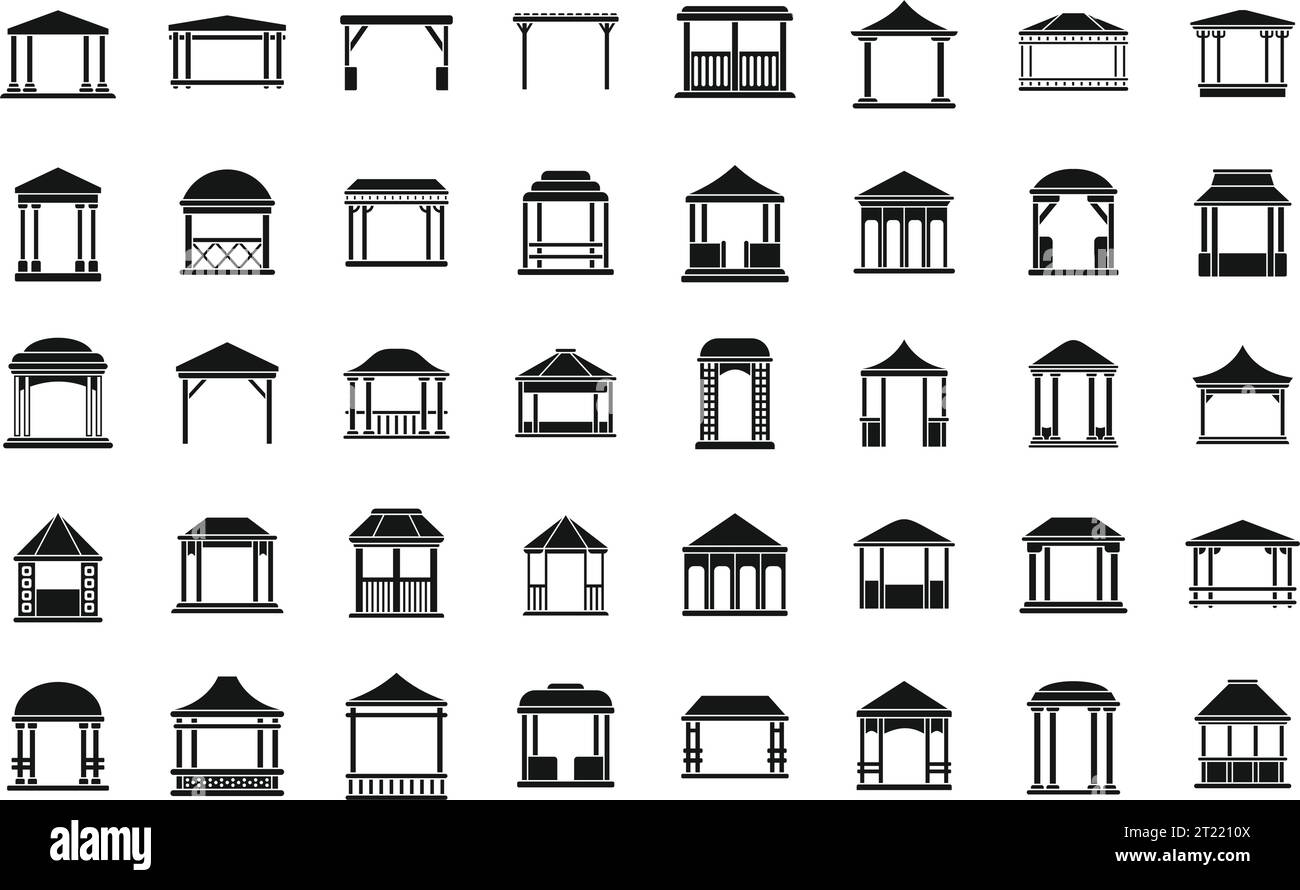 Le icone Pergola impostano un vettore semplice. Parco gazebo. Patio con alcova in legno Illustrazione Vettoriale