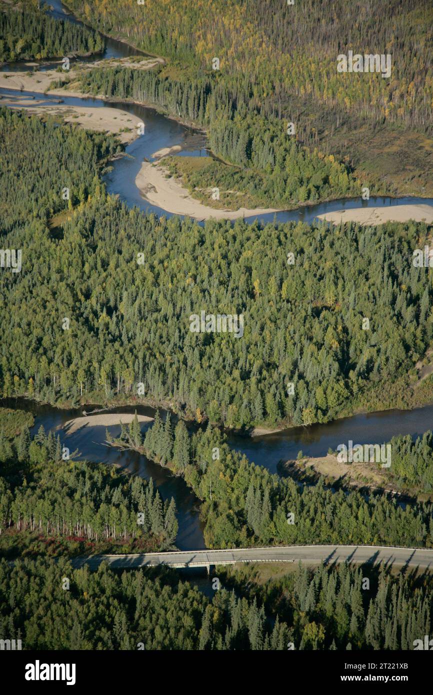 Il Bonanza Creek, uno dei numerosi fiumi che attraversano la Dalton Highway, svolge un ruolo importante nel facilitare la diffusione di piante invasive nelle vicine aree protette come i rifugi nazionali di Kanuti e Koyukuk. Questi fiumi sono fondamentali per gli ecosistemi regionali e gli impatti umani sono evidenti nei paesaggi circostanti. Foto Stock