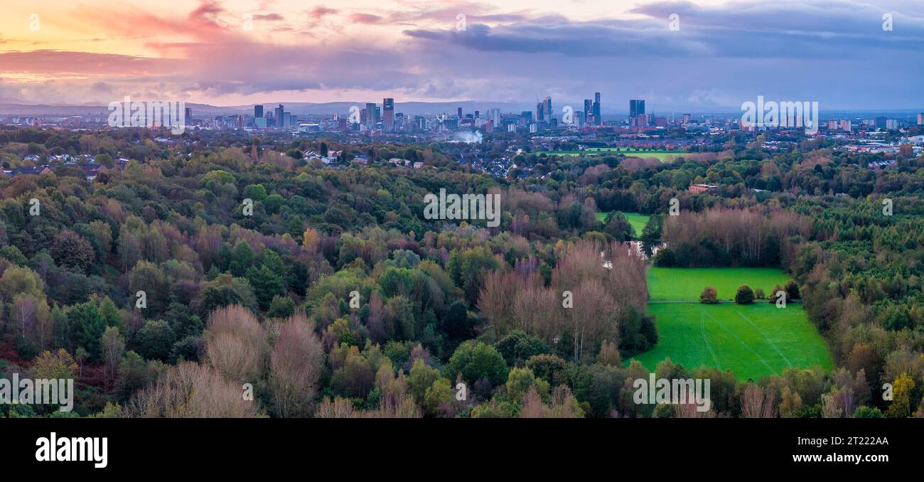Skyline di Manchester da un parco nelle vicinanze Foto Stock