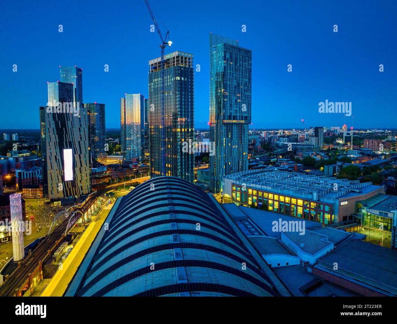 Skyline di Manchester la mattina presto Foto Stock