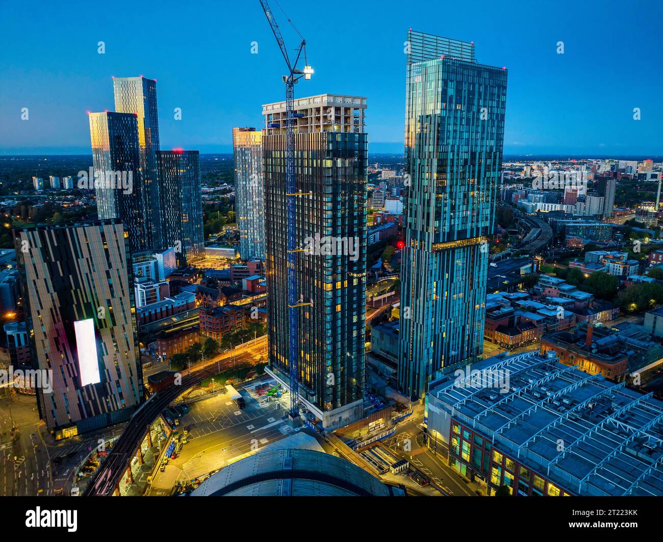 Skyline di Manchester la mattina presto Foto Stock