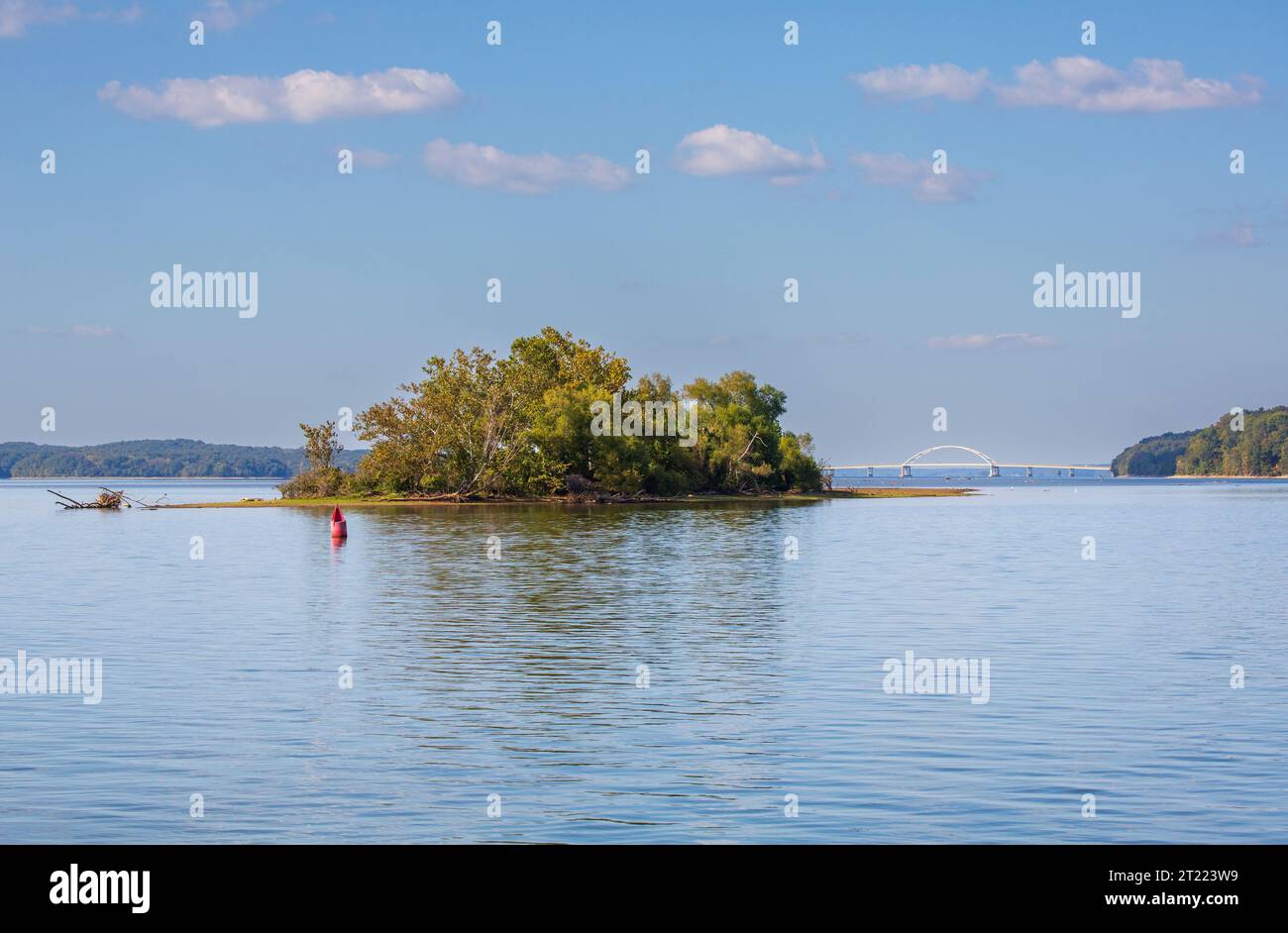 Una piccola isola sul fiume Cumberland sopra il Lake Barkley Bridge, Kentucky Foto Stock