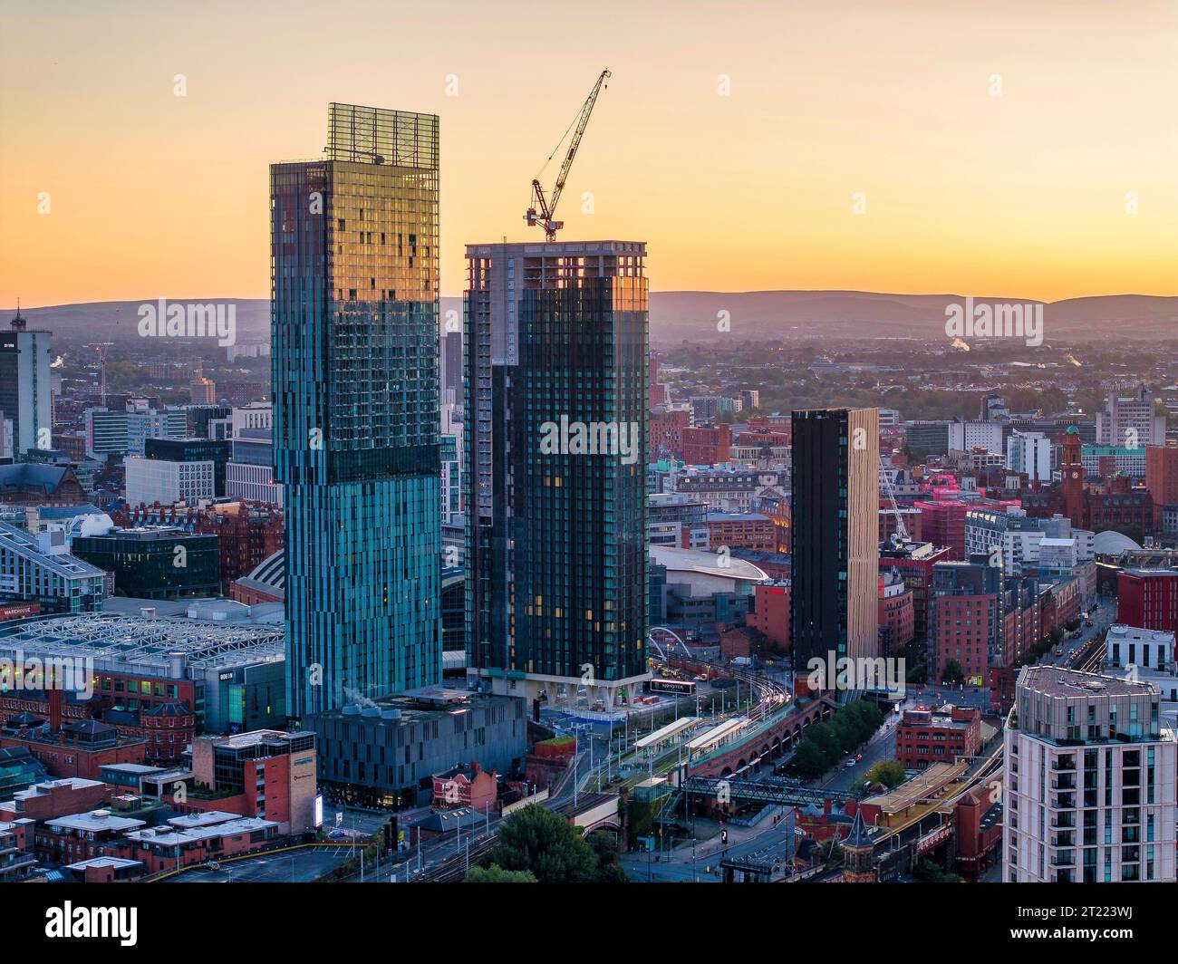 Skyline di Manchester la mattina presto Foto Stock