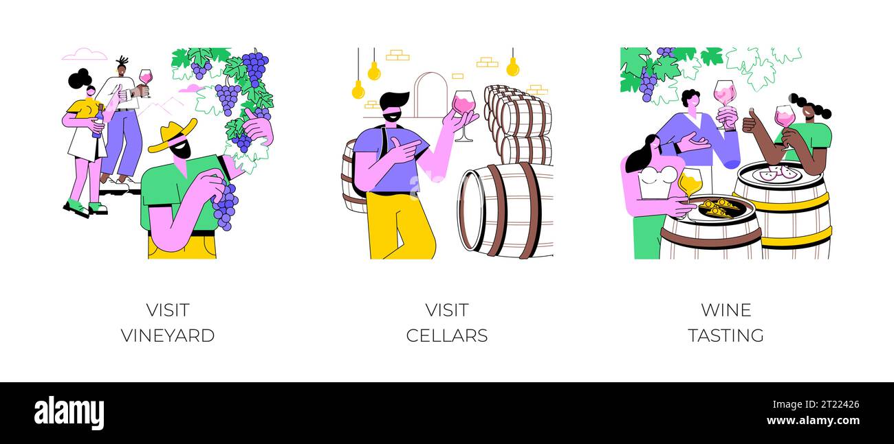 Set di illustrazioni vettoriali isolate per tour enologico. Un gruppo di persone diverse visita i vigneti, parla con il produttore di vino, visita alle cantine, esperienza di degustazione, viaggio gastronomico con cartoni animati vettoriali. Illustrazione Vettoriale