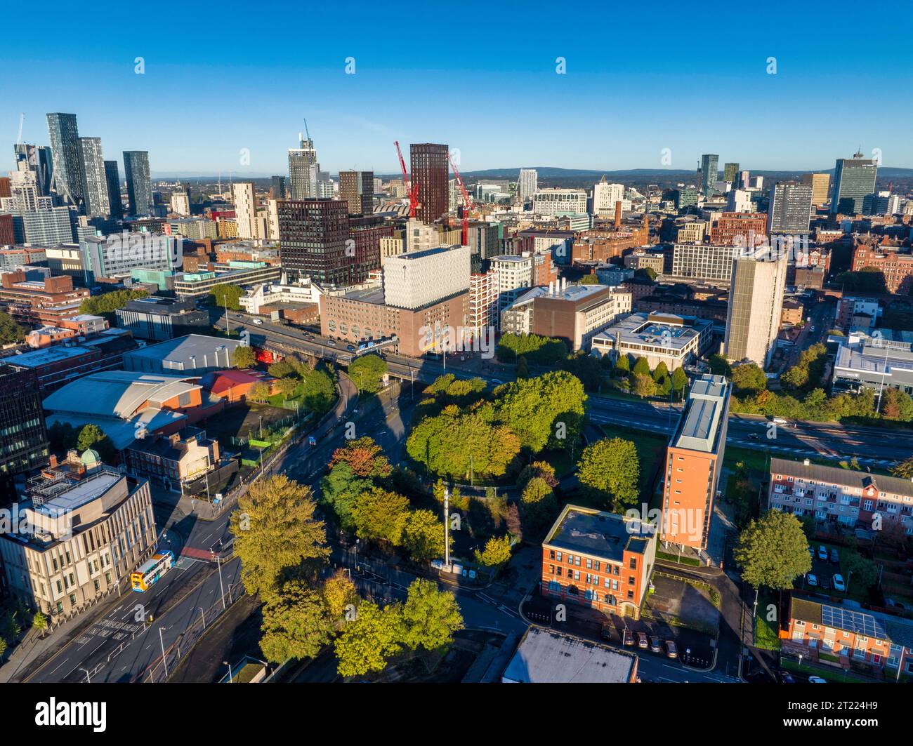 Skyline di Manchester la mattina presto Foto Stock