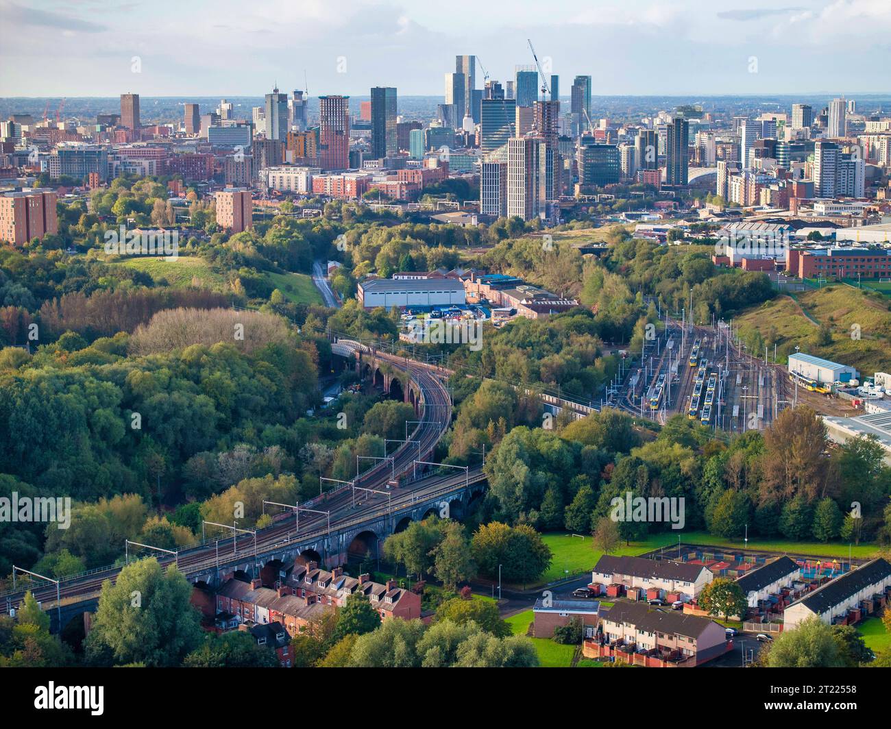 Skyline di Manchester la mattina presto Foto Stock