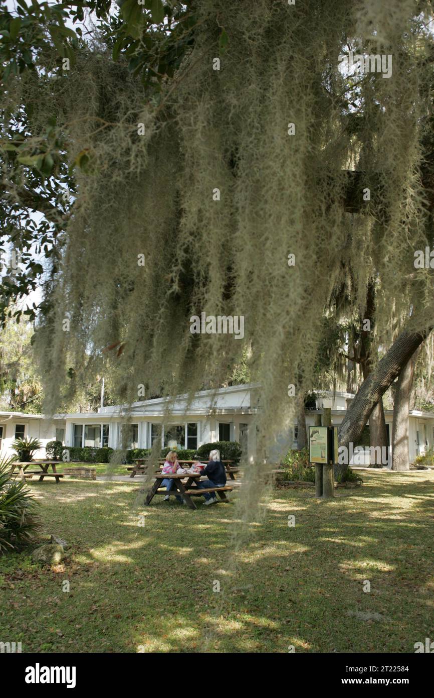 I visitatori potranno fare un picnic all'esterno dell'edificio principale del Crystal River National Wildlife Refuge, un luogo noto per la sua ricca biodiversità e il ruolo svolto nella conservazione di specie in via di estinzione come il lamantino delle Indie occidentali. Foto Stock