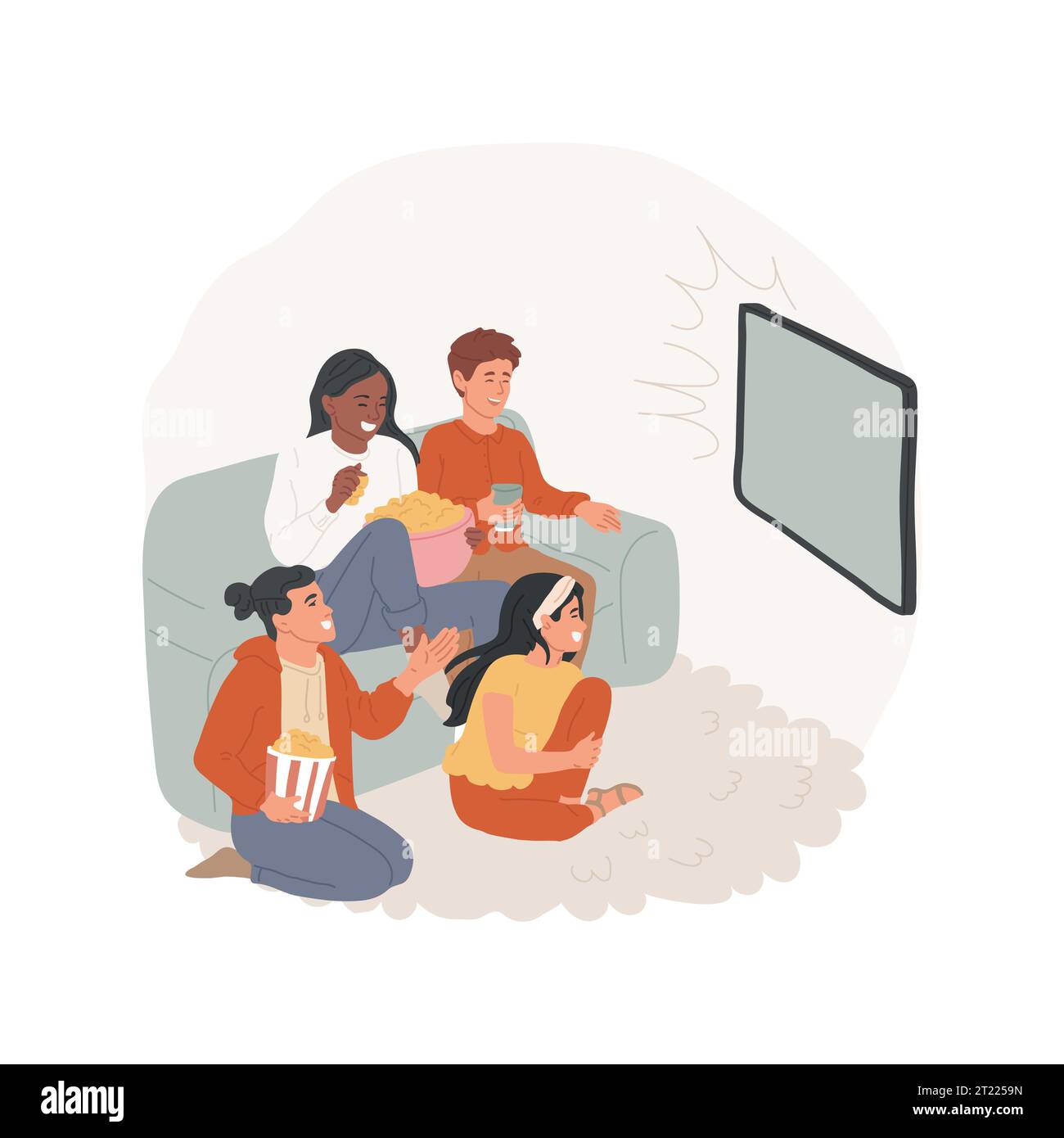 Visione di film illustrazioni vettoriali di cartoni animati isolati. Amici adolescenti emozionati che guardano film comici e mangiano popcorn, intrattenimento domestico, tempo libero con serie e film cartoni animati vettoriali. Illustrazione Vettoriale