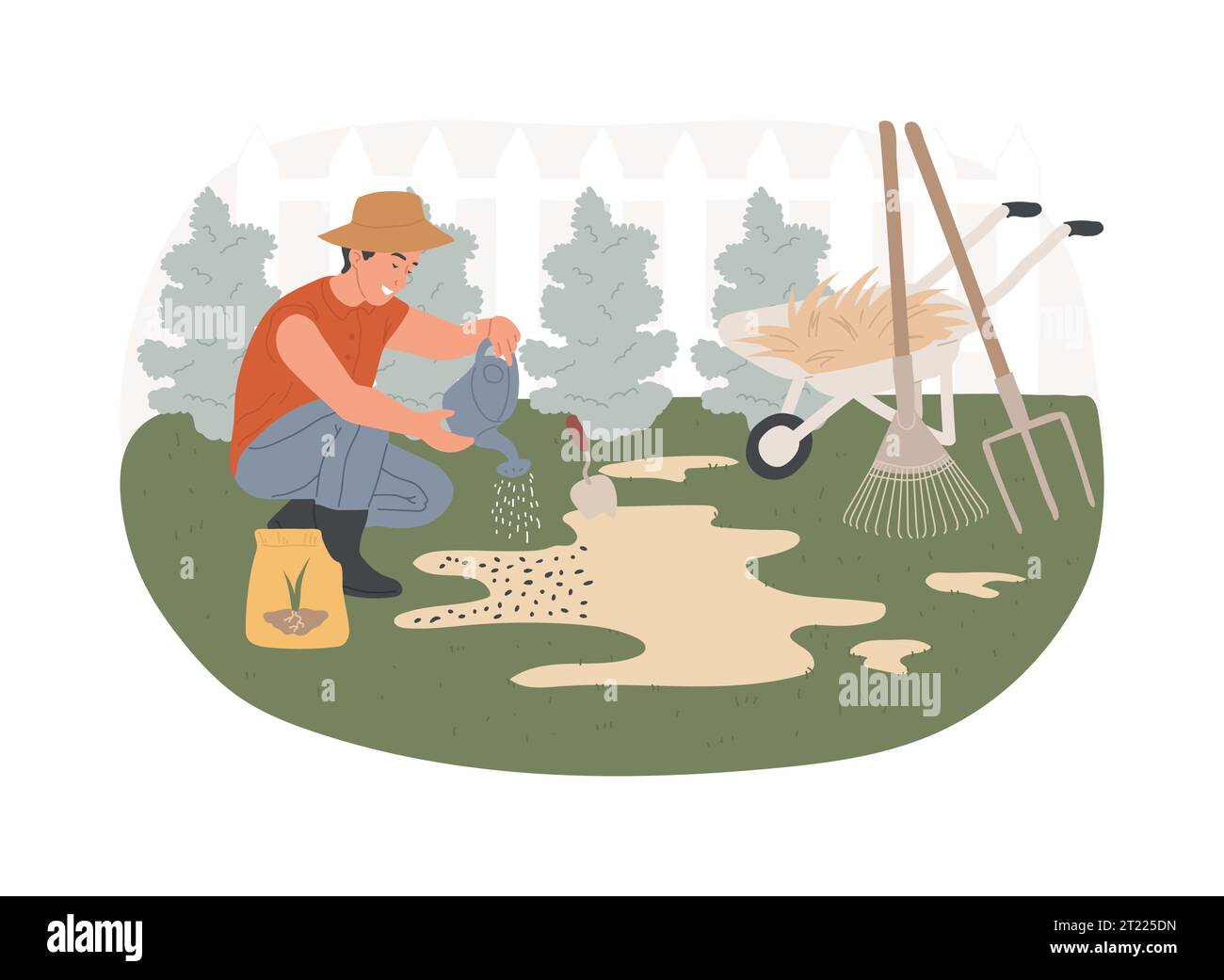 Illustrazione vettoriale del concetto isolato di riparazione del prato. Servizio di ristrutturazione, rimozione di paglia e muschio, prato privo di piante infestanti, compattazione del suolo, zona radicale, semi da erba, manutenzione per tappeti erbosi, concetto vettoriale per il cortile. Illustrazione Vettoriale