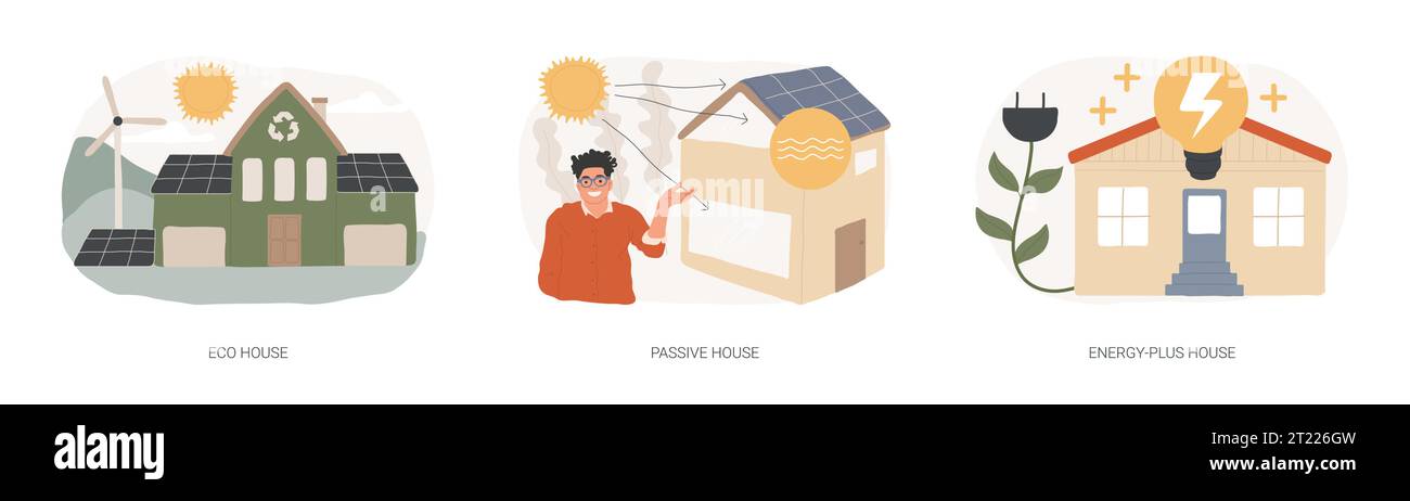 Set di illustrazioni vettoriali del concetto isolato di costruzione ecocompatibile. Eco House, edilizia passiva ed Energy Plus, riciclaggio dei rifiuti, efficienza del riscaldamento, concetto di vettore domestico sostenibile. Illustrazione Vettoriale