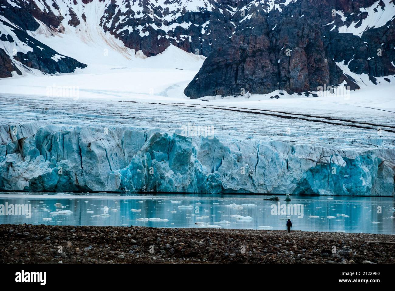 Person Observing Fjortende Julibreen, 14 luglio Ghiacciaio, Svalbard, Norvegia Foto Stock