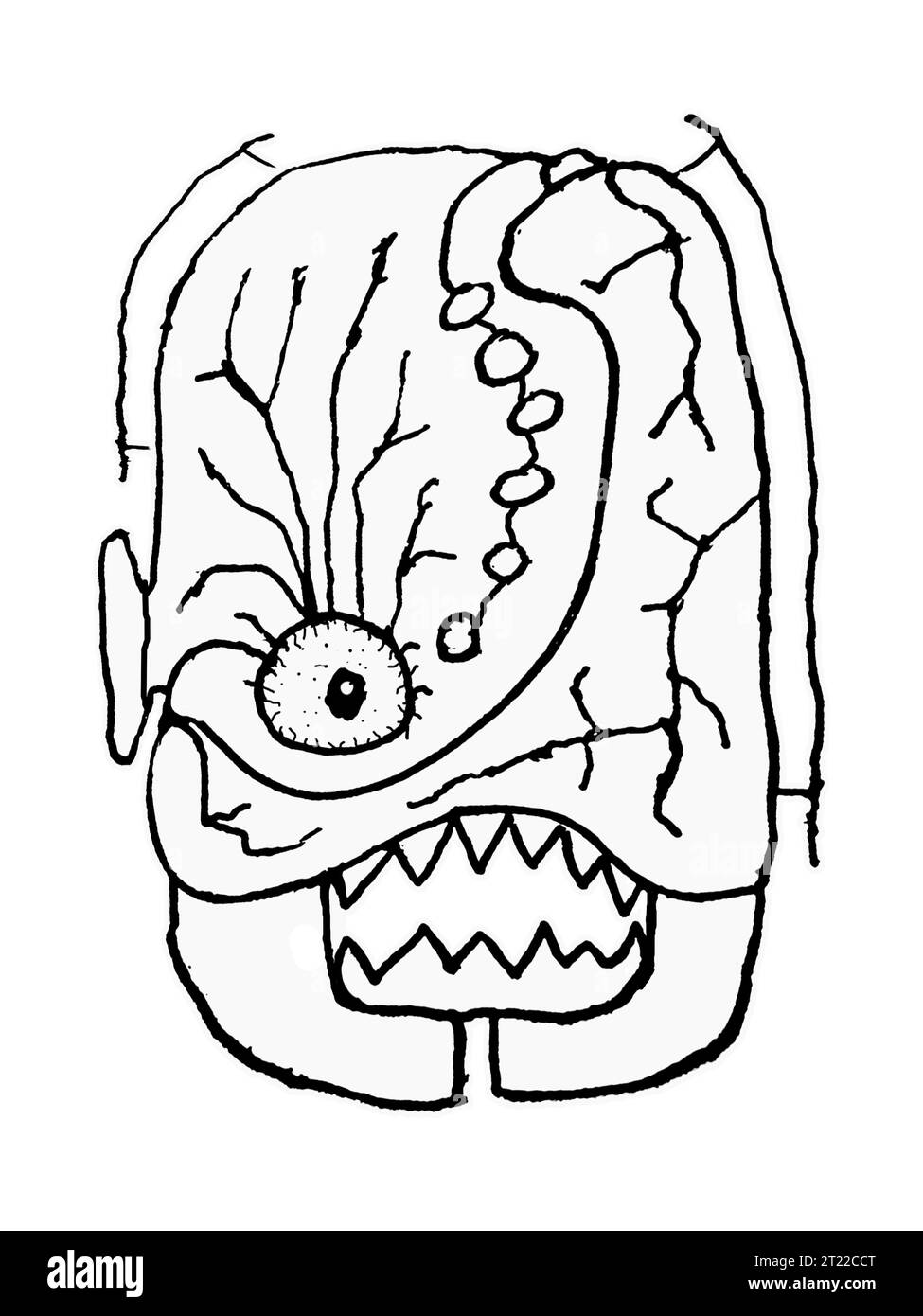 Ritratto frontale disegno isolato della testa di un mostro mutante con un'espressione sorprendente Foto Stock