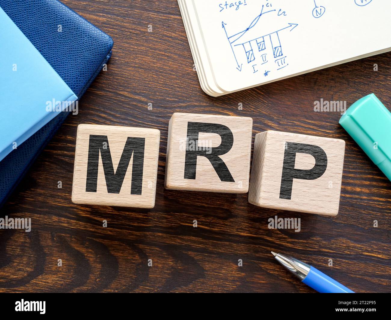 Scrivania con cubi MRP pianificazione dei requisiti dei materiali. Foto Stock