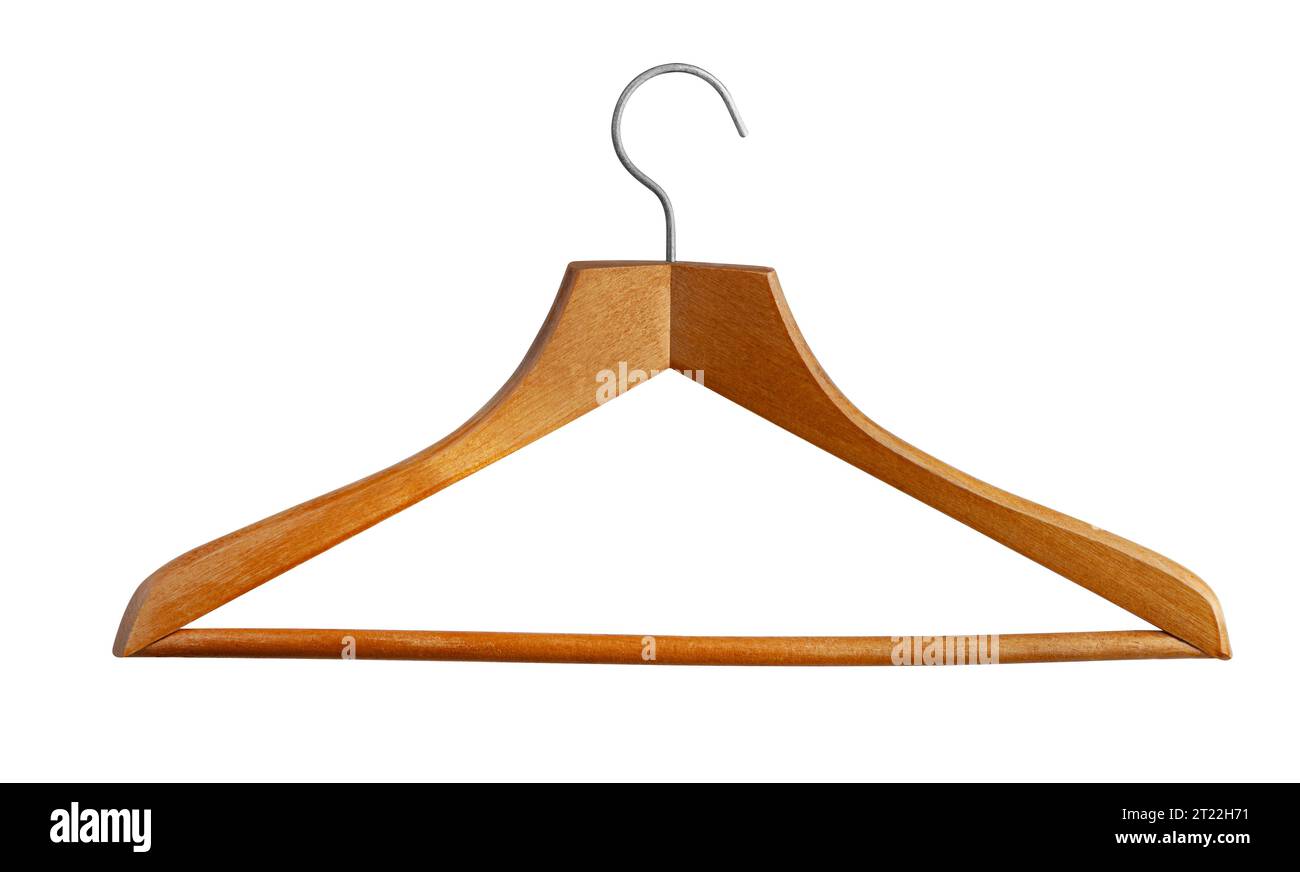 Appendiabiti in legno isolato su sfondo bianco. Con tracciato di ritaglio Foto Stock