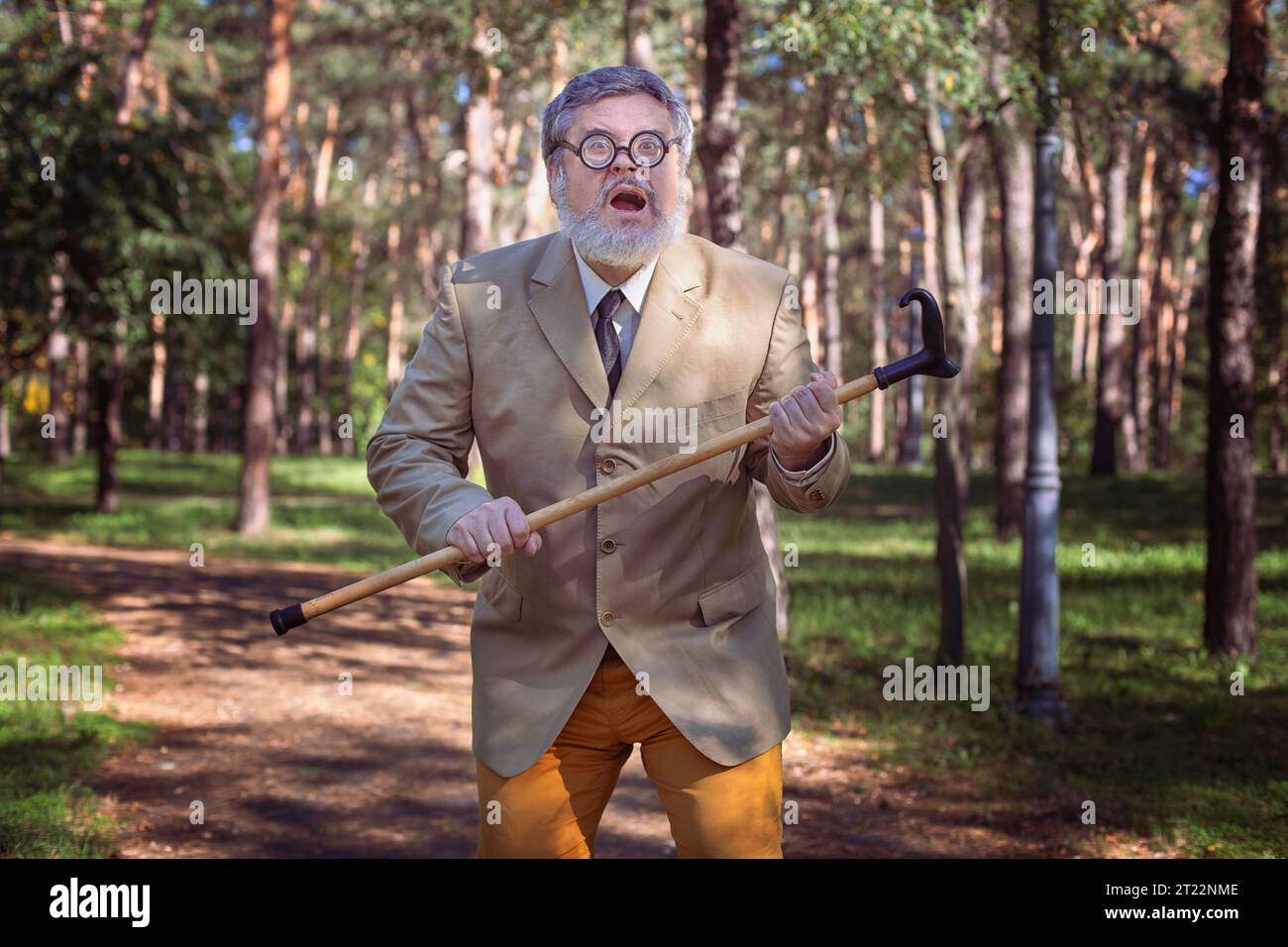 Vecchio divertente con un bastone. Un uomo anziano con un bastone da passeggio con una faccia divertente. Quell'uomo ha una faccia divertente con la barba. Foto Stock