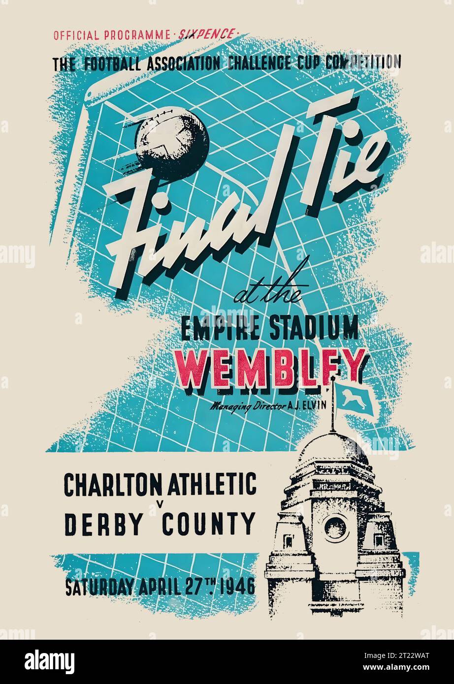 Programma finale di fa Cup 1946, Charlton Athletic vs Derby County, Wembley Stadium. Derby vince la prima finale di Coppa del dopoguerra 4-1 Foto Stock