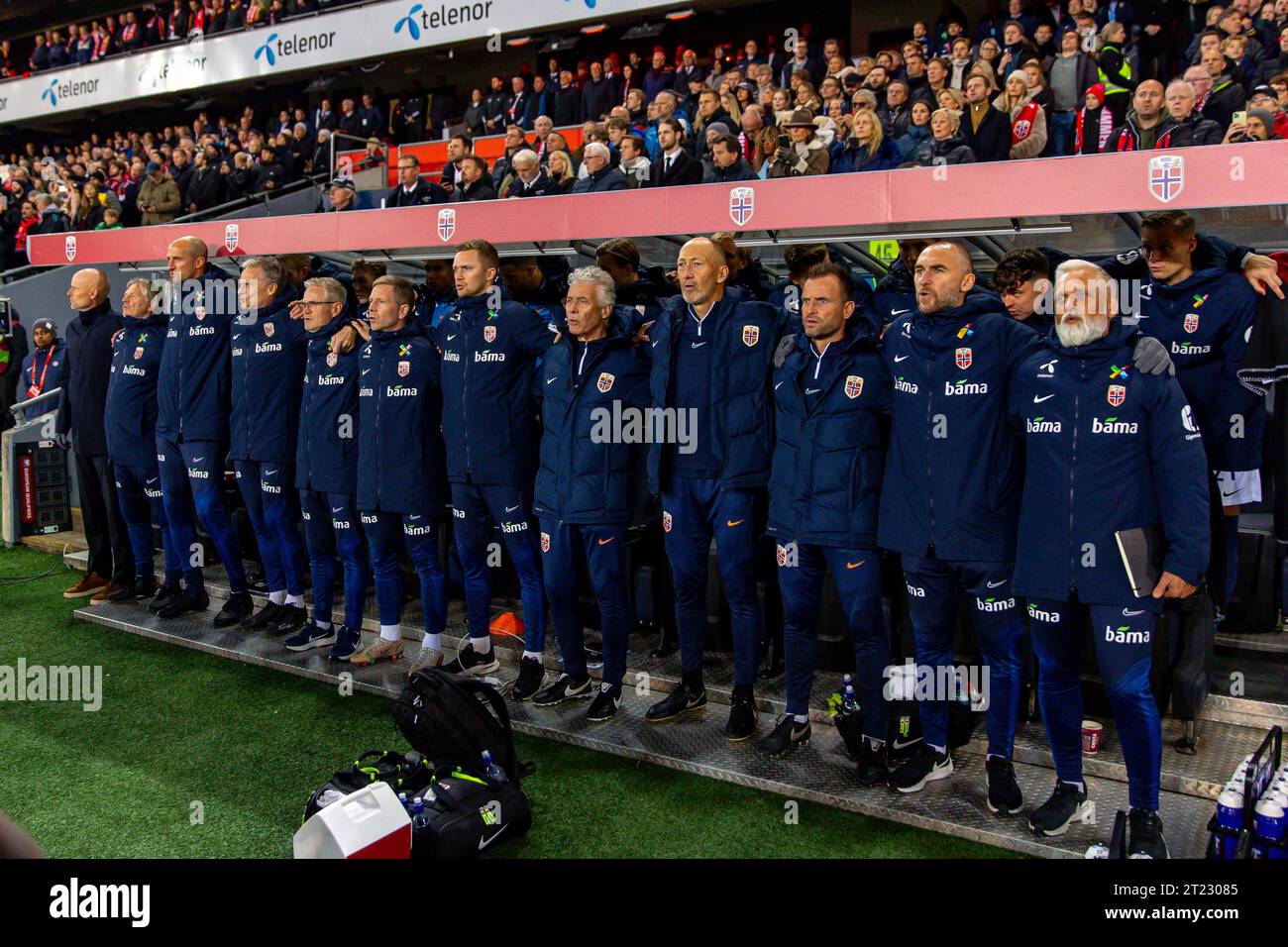 Oslo, Norvegia, 15 ottobre 2023. La panchina della Norvegia prima della partita di qualificazione agli Euro 2024 tra Norvegia e Spagna allo stadio Ullevål di Oslo. Crediti: Frode Arnesen/Alamy Live News Foto Stock