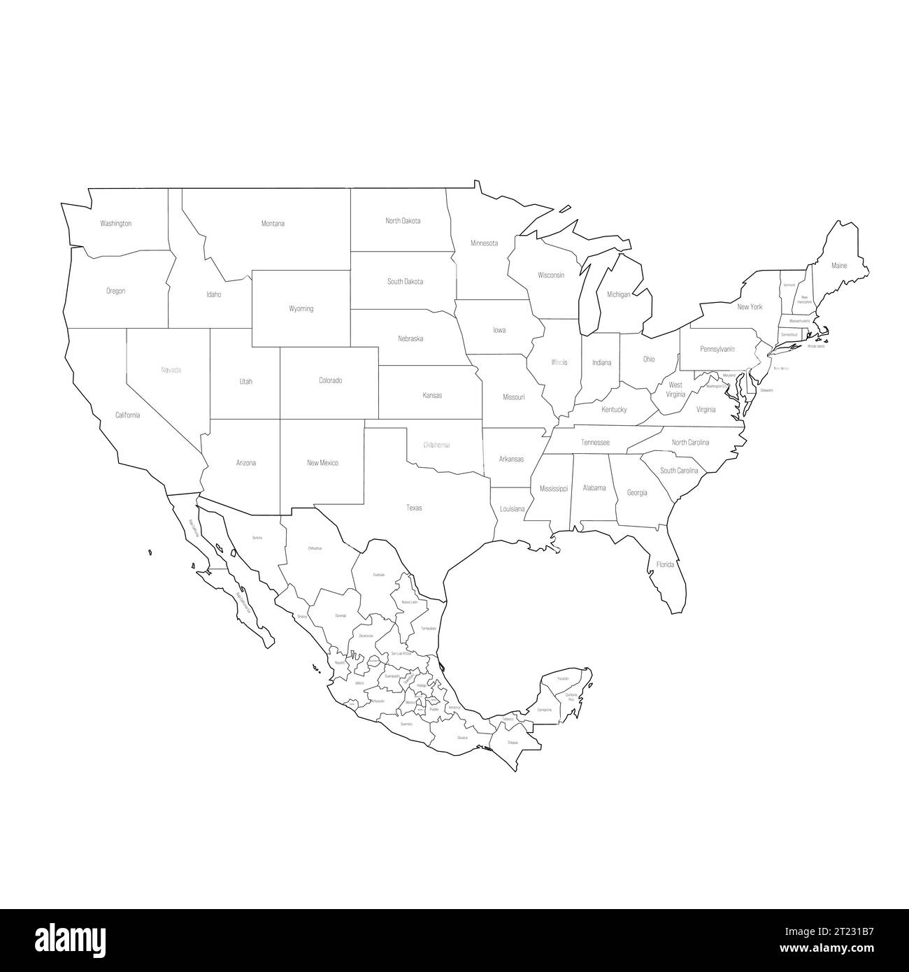 Mappa politica delle divisioni amministrative degli Stati Uniti e del Messico. Mappa vettoriale contorno nero con etichette. Illustrazione Vettoriale