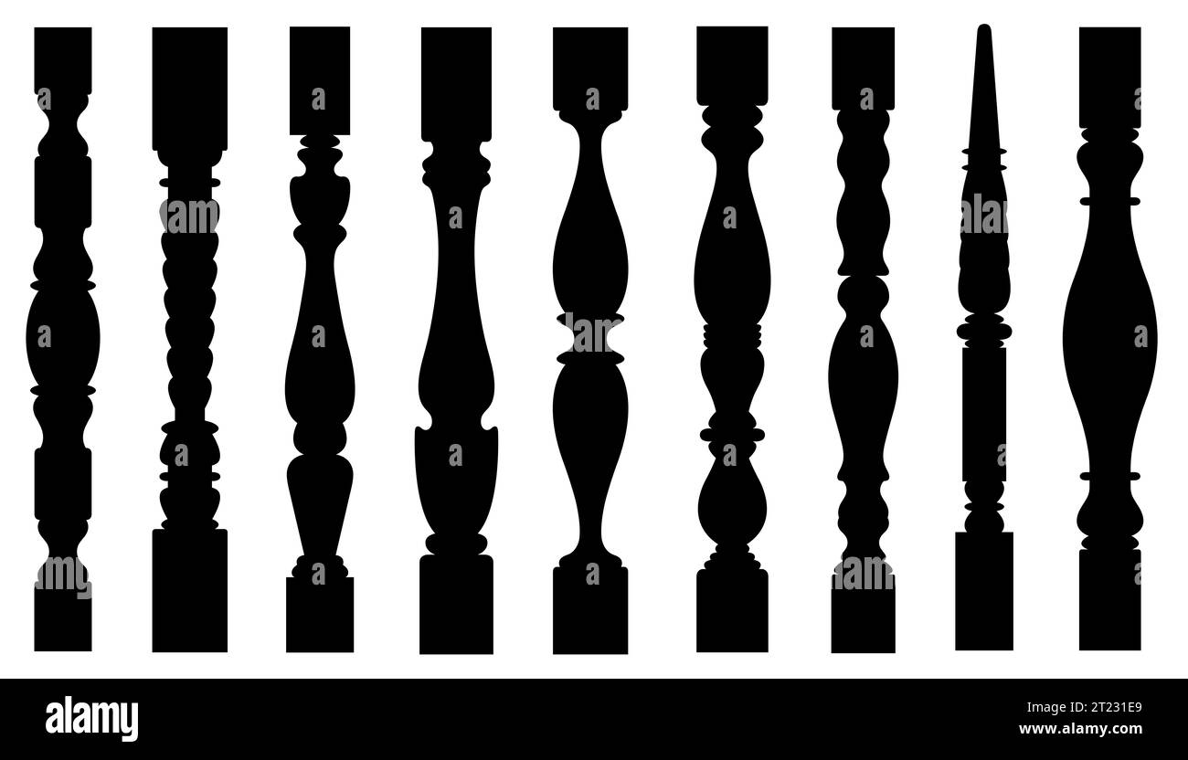 Set di diversi mandrini per scale e balaustre isolati su bianco Foto Stock
