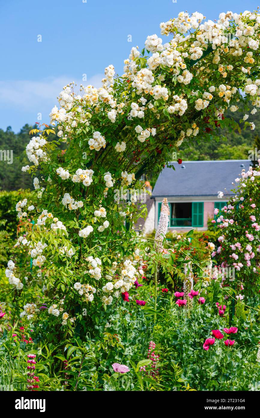 Archi di rosa e colorati fiori estivi confinano a Giverny, il giardino del pittore impressionista francese Claude Monet, Normandia, Francia settentrionale Foto Stock