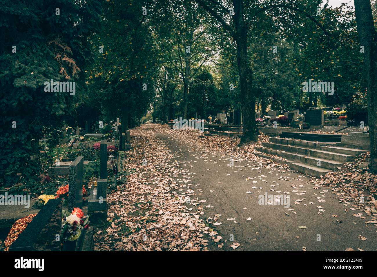 Celebrazione del giorno di tutte le anime nel cimitero, decorazione tradizionale cristiana su lapide, candele, lanterne, fiori Foto Stock
