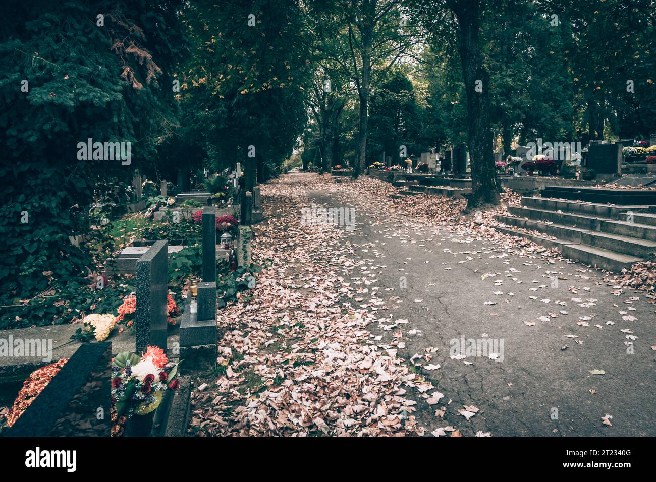 Celebrazione del giorno di tutte le anime nel cimitero, decorazione tradizionale cristiana su lapide, candele, lanterne, fiori Foto Stock