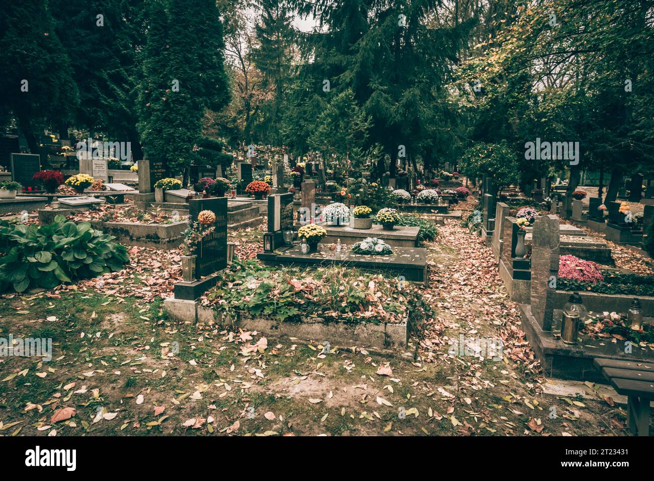 Celebrazione del giorno di tutte le anime nel cimitero, decorazione tradizionale cristiana su lapide, candele, lanterne, fiori Foto Stock