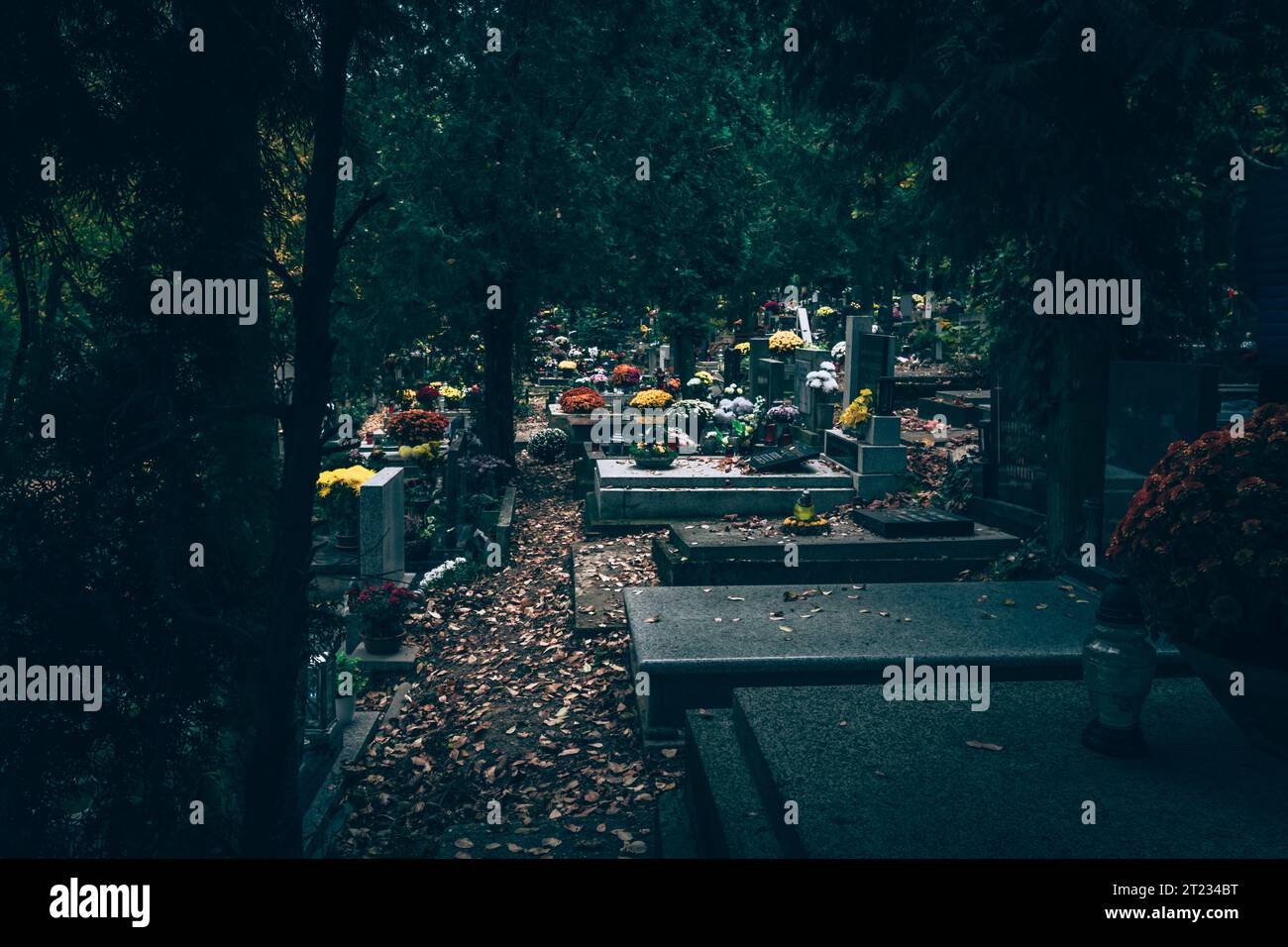 Celebrazione del giorno di tutte le anime nel cimitero, decorazione tradizionale cristiana su lapide, candele, lanterne, fiori Foto Stock