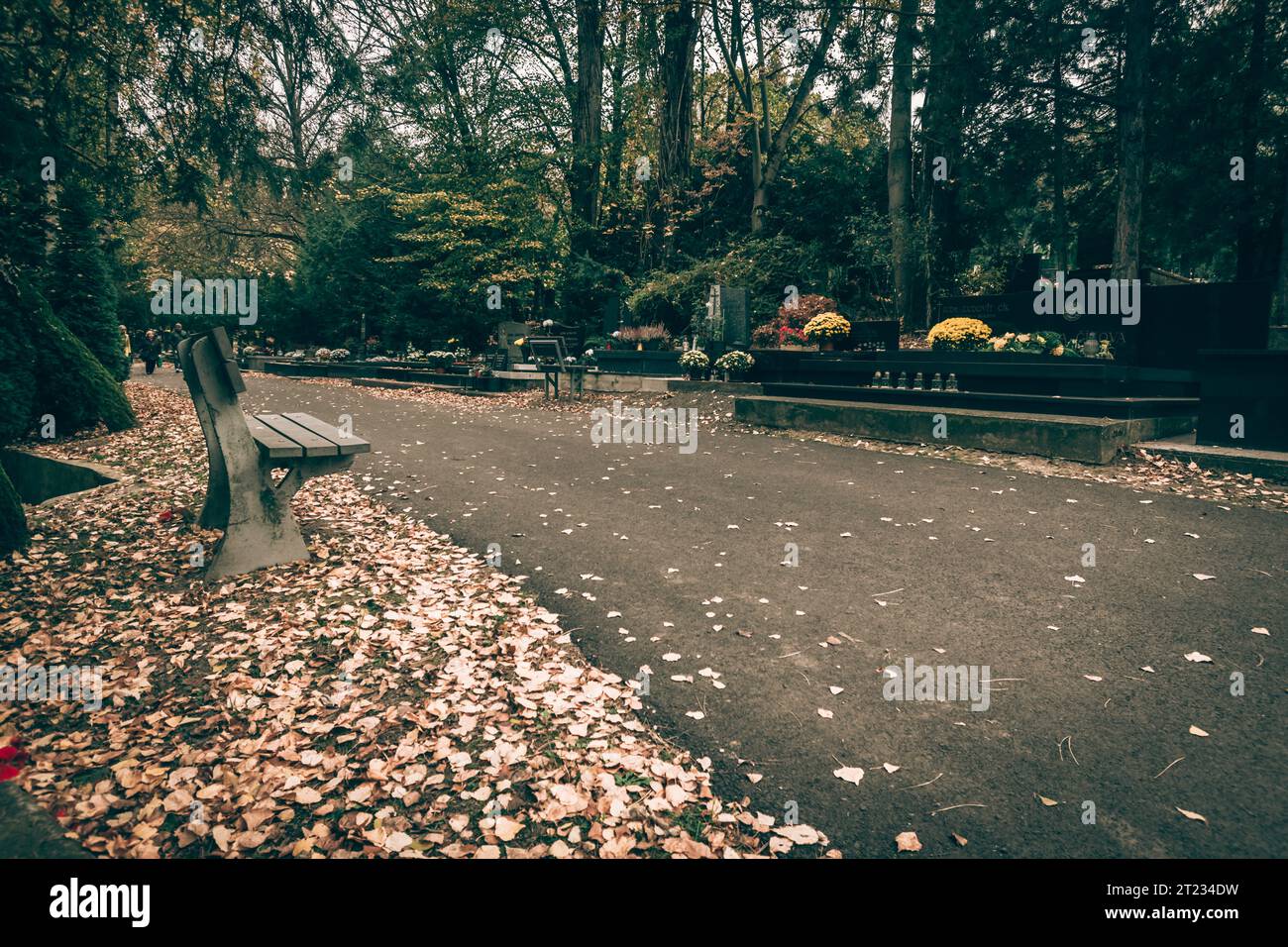 Celebrazione del giorno di tutte le anime nel cimitero, decorazione tradizionale cristiana su lapide, candele, lanterne, fiori Foto Stock