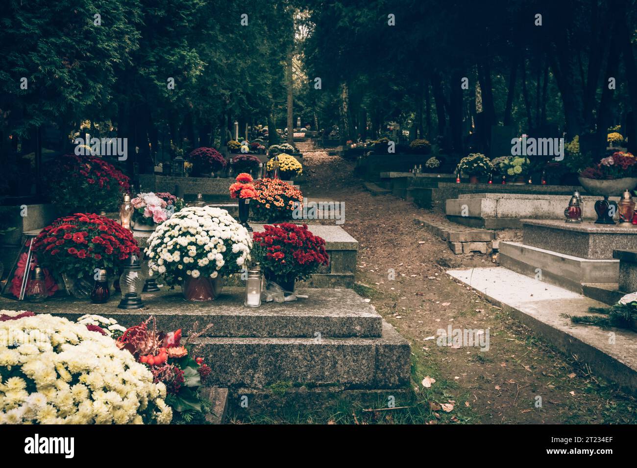 Celebrazione del giorno di tutte le anime nel cimitero, decorazione tradizionale cristiana su lapide, candele, lanterne, fiori Foto Stock