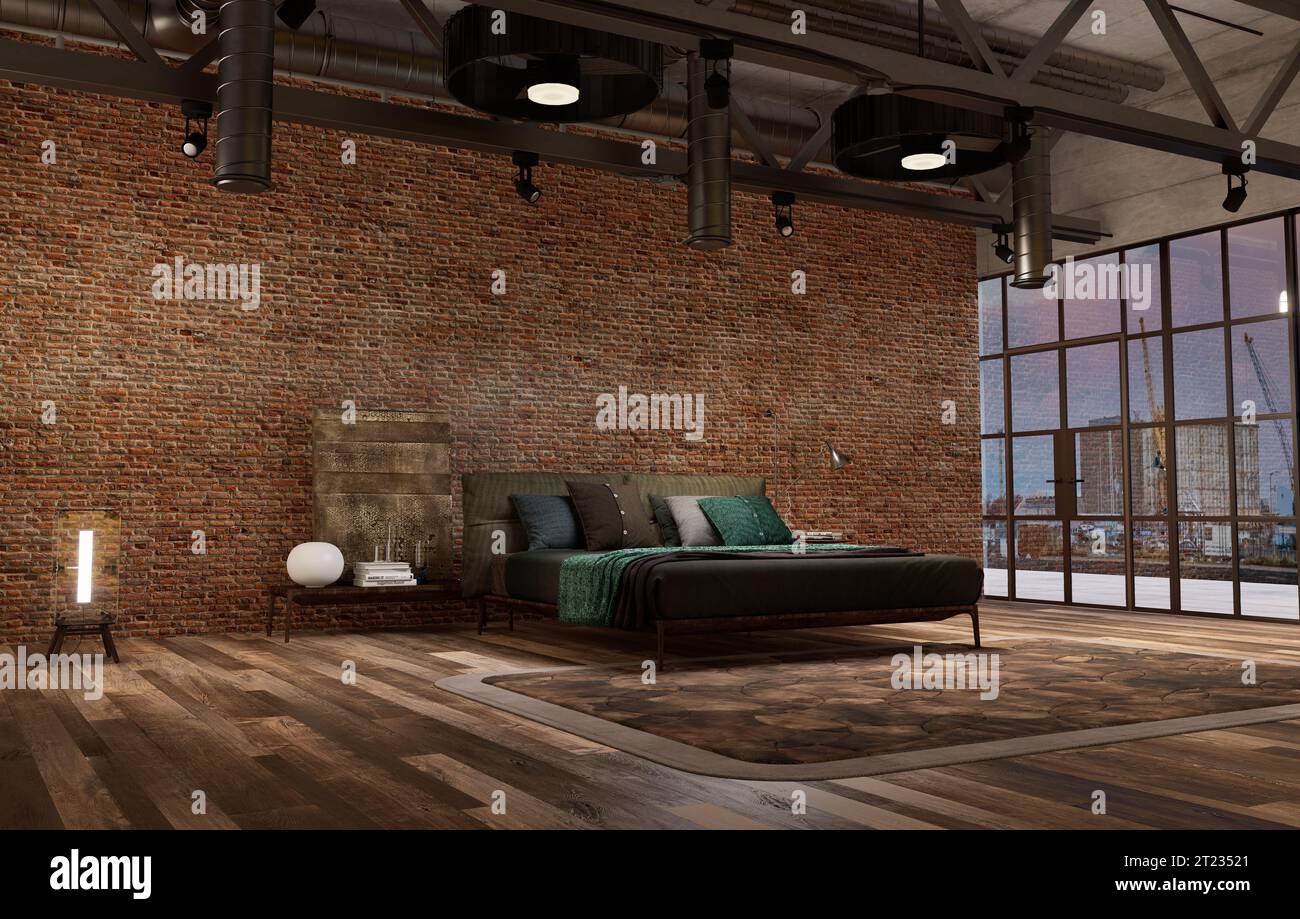 visualizzazione di una conversione di loft che si affaccia sul quartiere industriale della città Foto Stock