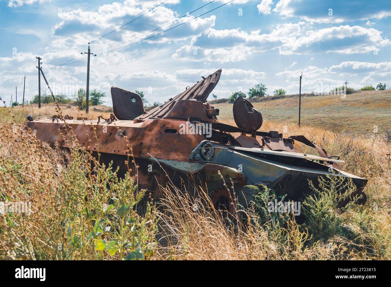 Campagna. Un veicolo da combattimento bruciato distrutto si trova sul lato della strada. Guerra in Ucraina. Invasione russa dell'Ucraina Foto Stock