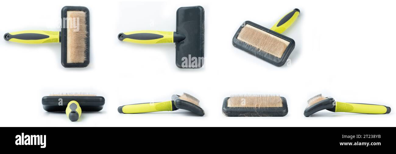 Diverse viste del pettine con spazzola per animali con capelli castani isolati su sfondo bianco dello studio Foto Stock